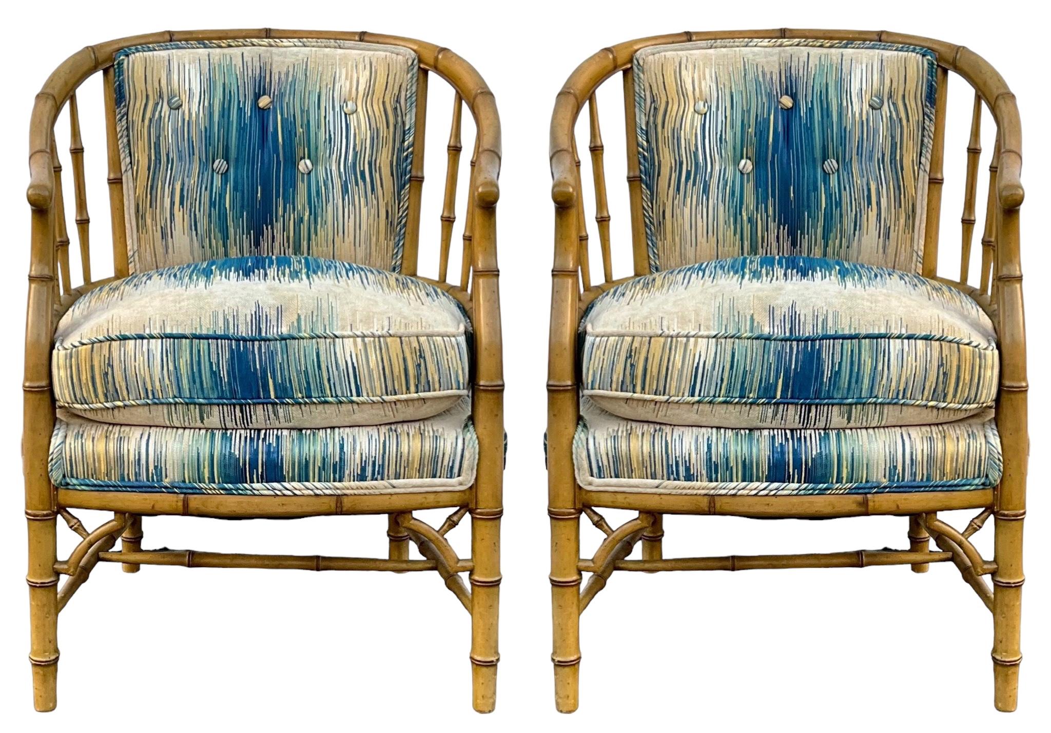 Mid-Century Regency Style Carved & Painted Faux Bamboo Barrel Club Chairs -Pair For Sale 1