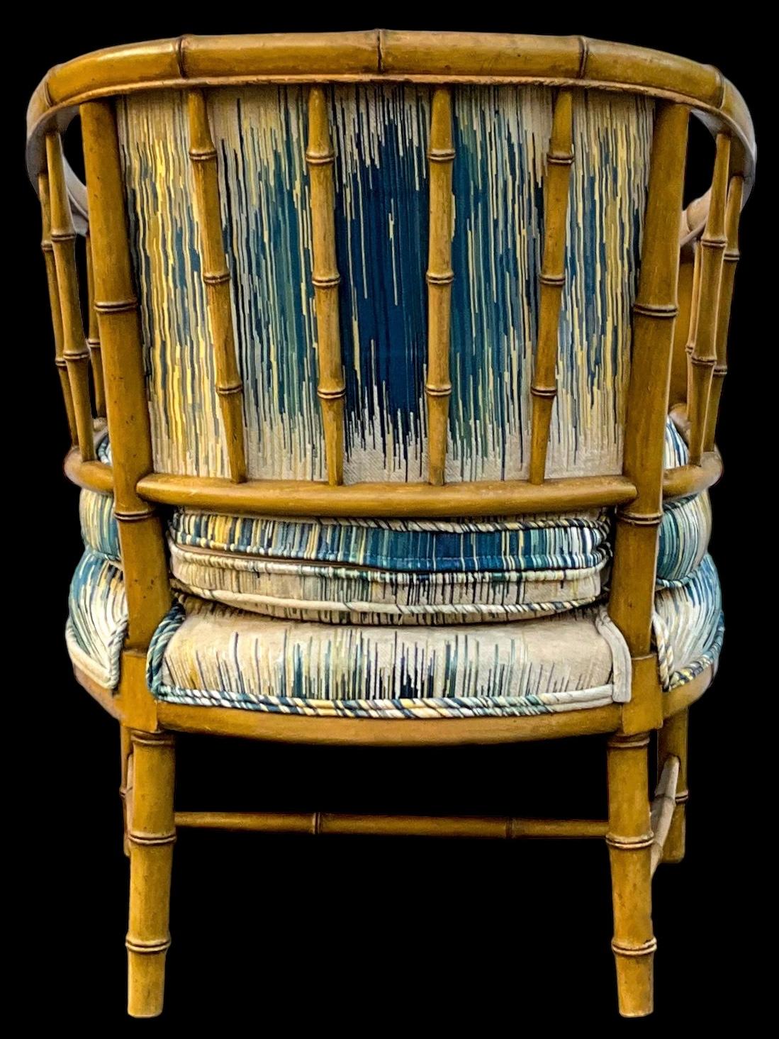 Mid-Century Regency Style Carved & Painted Faux Bamboo Barrel Club Chairs -Pair For Sale 2