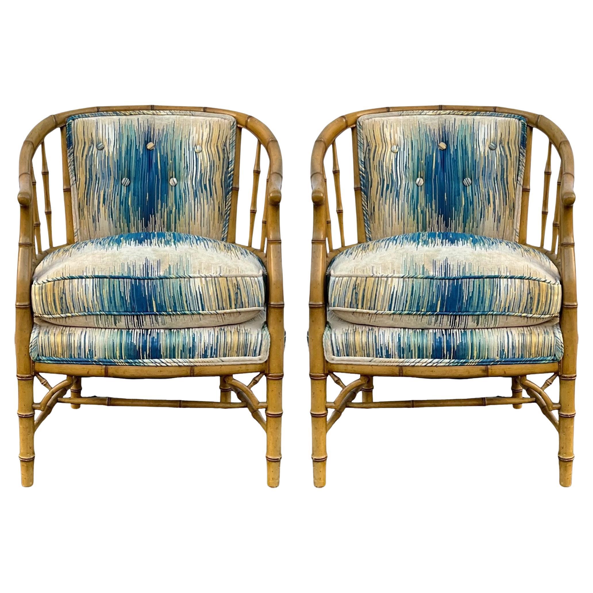Mid-Century Regency Style Carved & Painted Faux Bamboo Barrel Club Chairs -Pair For Sale