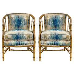 Mid-Century Regency Style Carved & Painted Faux Bamboo Barrel Club Chairs -Pair
