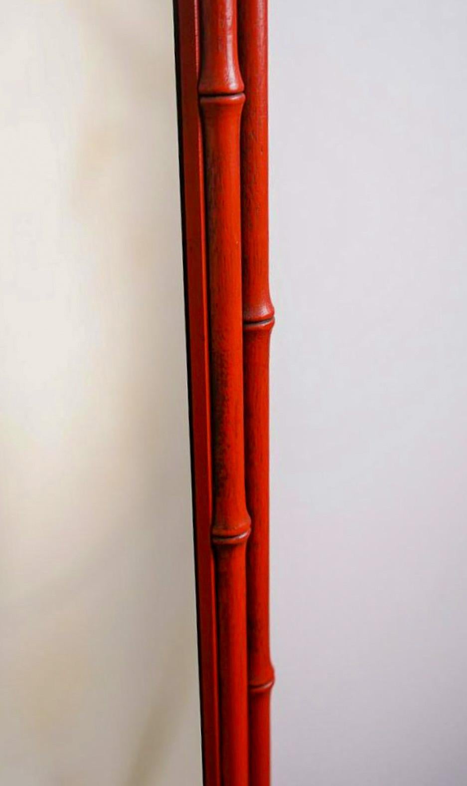 Mid-20th Century Mid-Century Regency Style Carved Wood Chinese Red Faux Bamboo Mirror For Sale