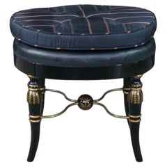 Mid Century Regency Style Ebonized Gold Painted Upholstered Stool Pouf Bench