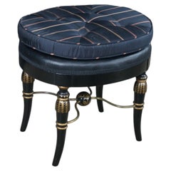 Mid Century Regency Style Ebonized Gold Painted Upholstered Stool Pouf Bench