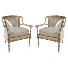 Mid-Century Regency Style Faux Bamboo & Cane Bergere Chairs - Pair