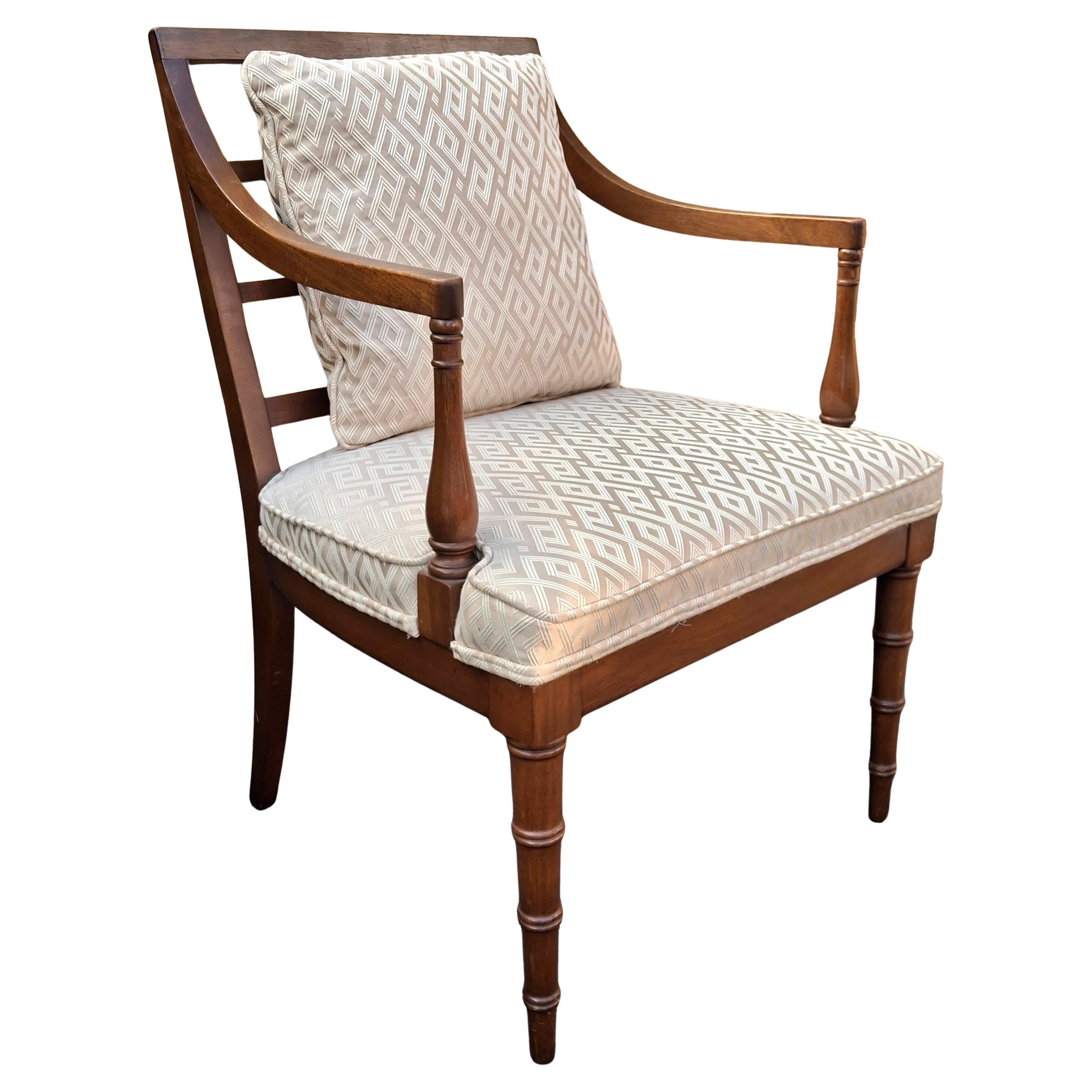 Mid-Century Regency Style Faux Bamboo Legs Mahogany and Upholstered Armchair
