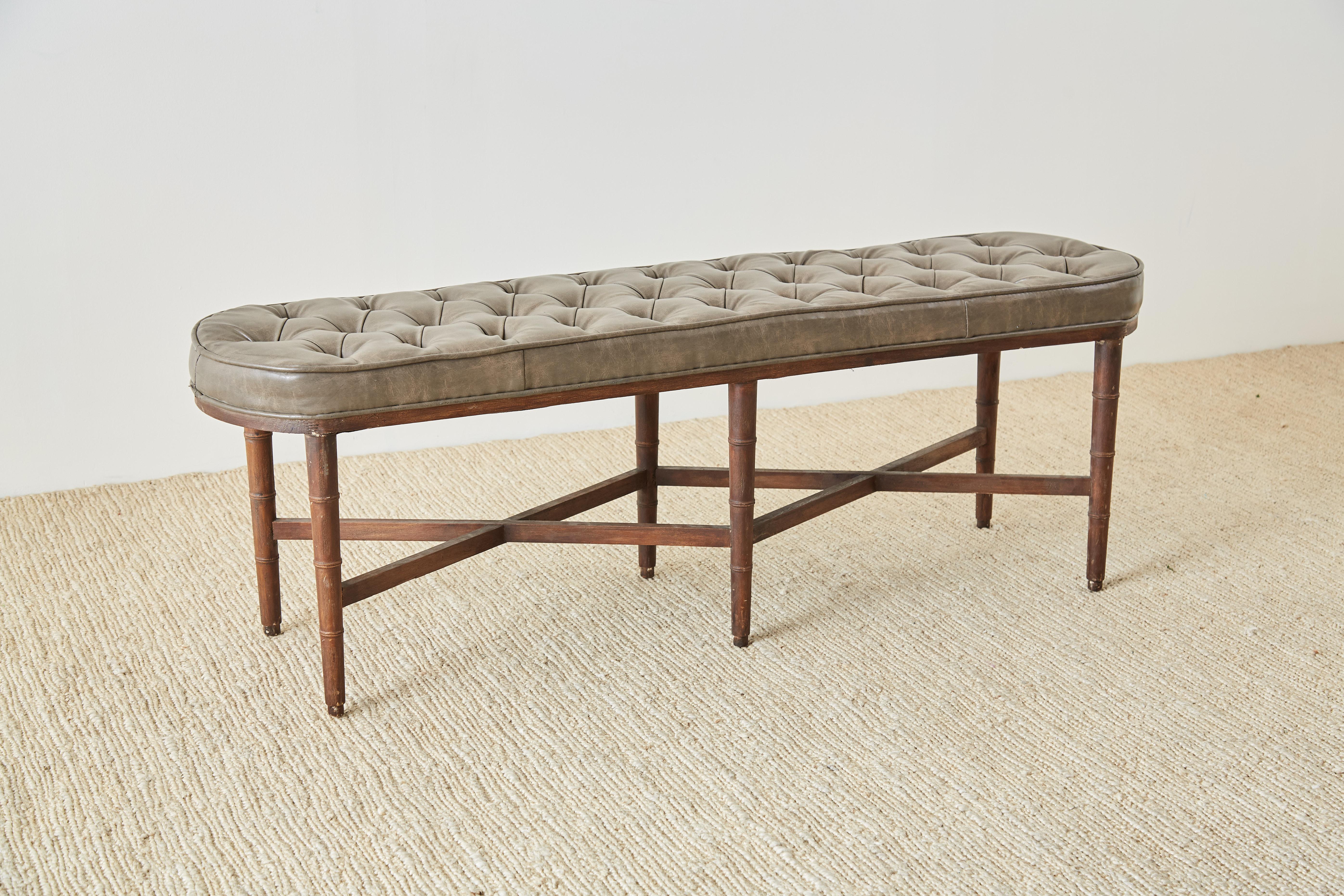 Midcentury Regency Style Faux Bamboo Tufted Bench In Good Condition In Rio Vista, CA