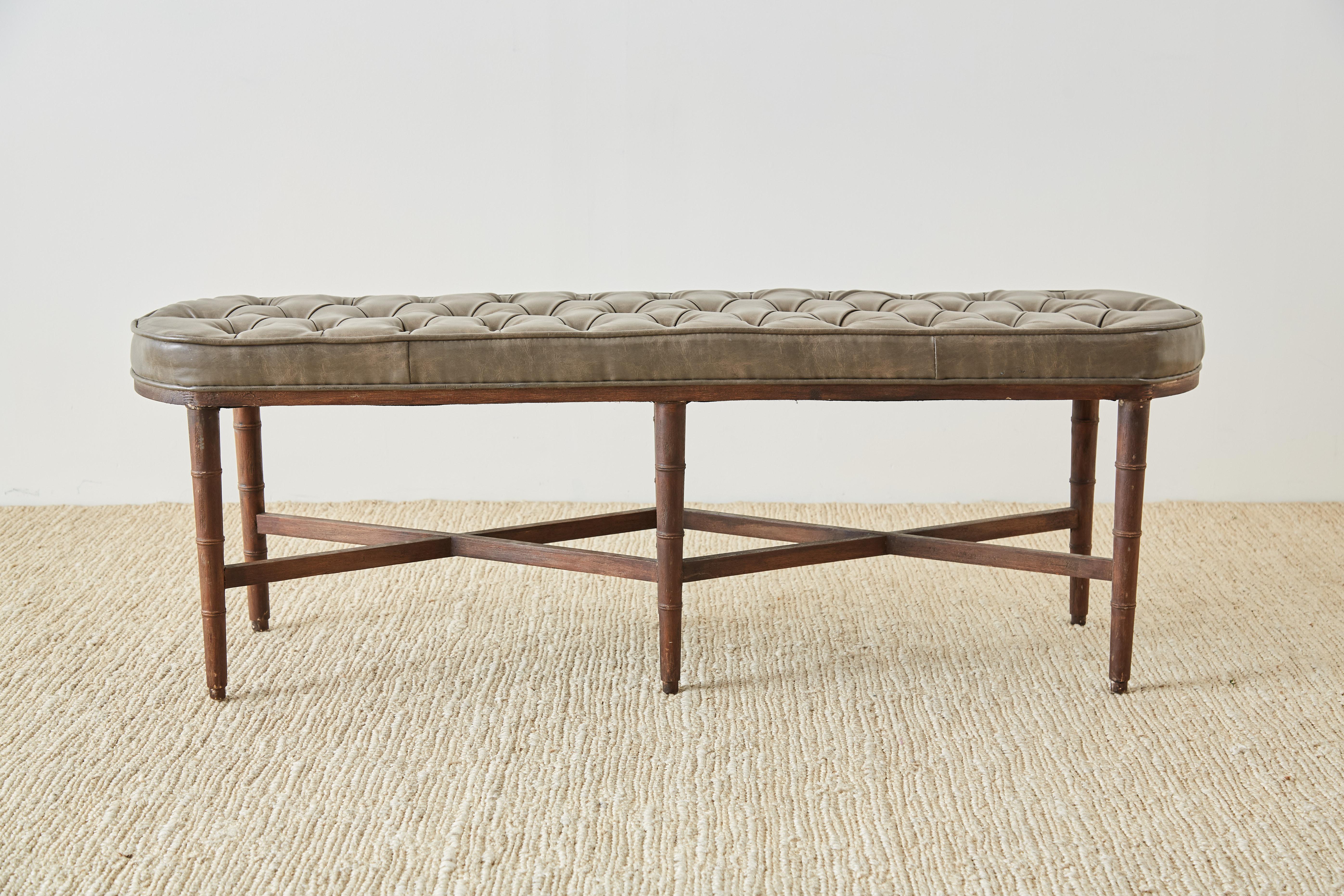 20th Century Midcentury Regency Style Faux Bamboo Tufted Bench