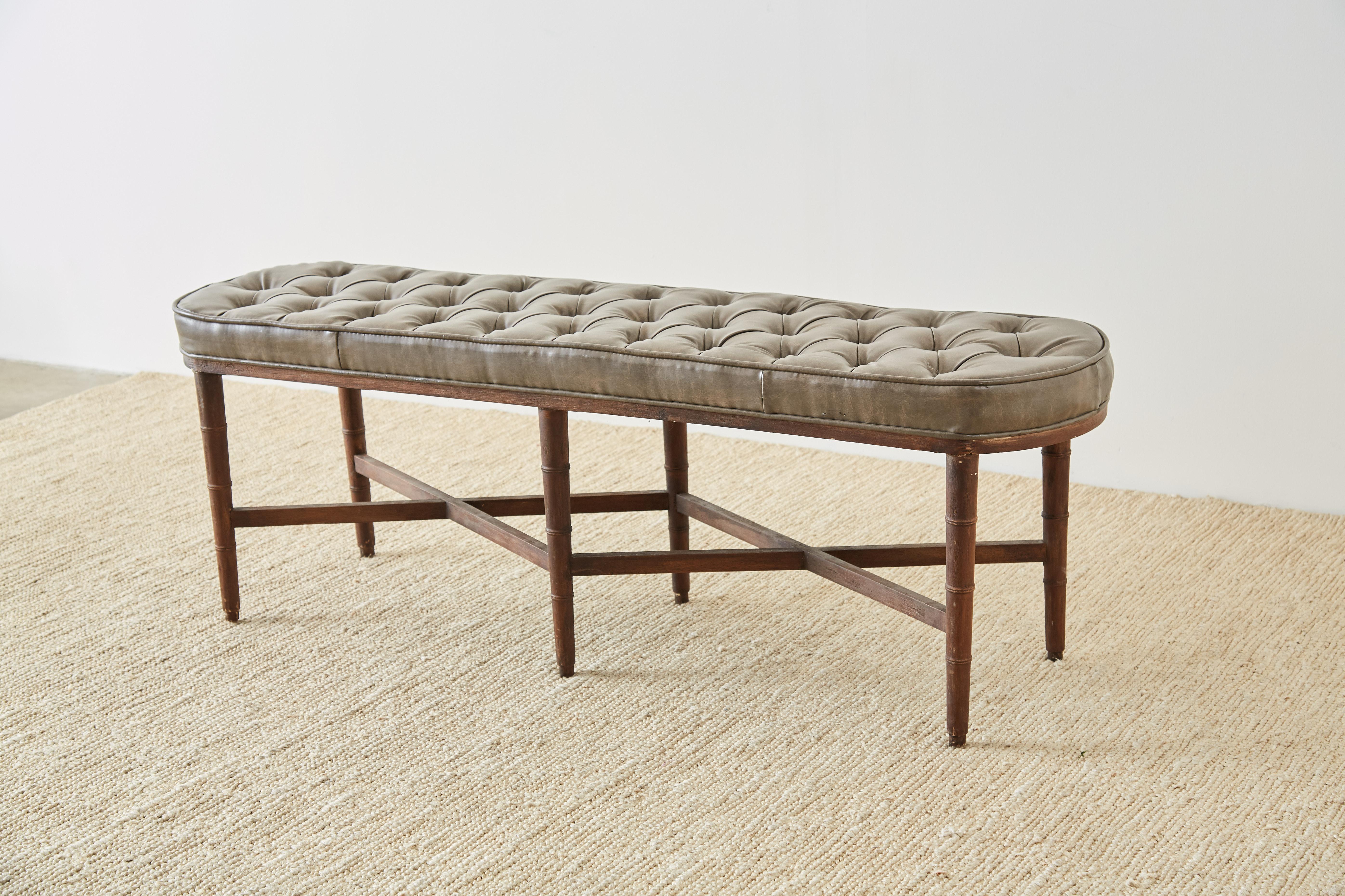 Midcentury Regency Style Faux Bamboo Tufted Bench 1