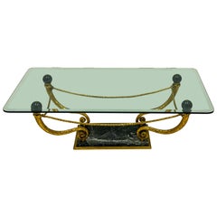 Vintage Mid-Century Regency Style Italian Gilt Metal And Marble Glass Top Coffee Table