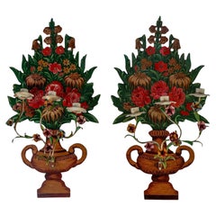 Mid-Century Regency Style Italian Tole Painted Floral Wall Art / Sconces - Pair