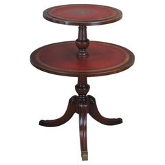 Mid Century Regency Style Mahogany Tooled Leather Top Dumbwaiter Side Table 29"