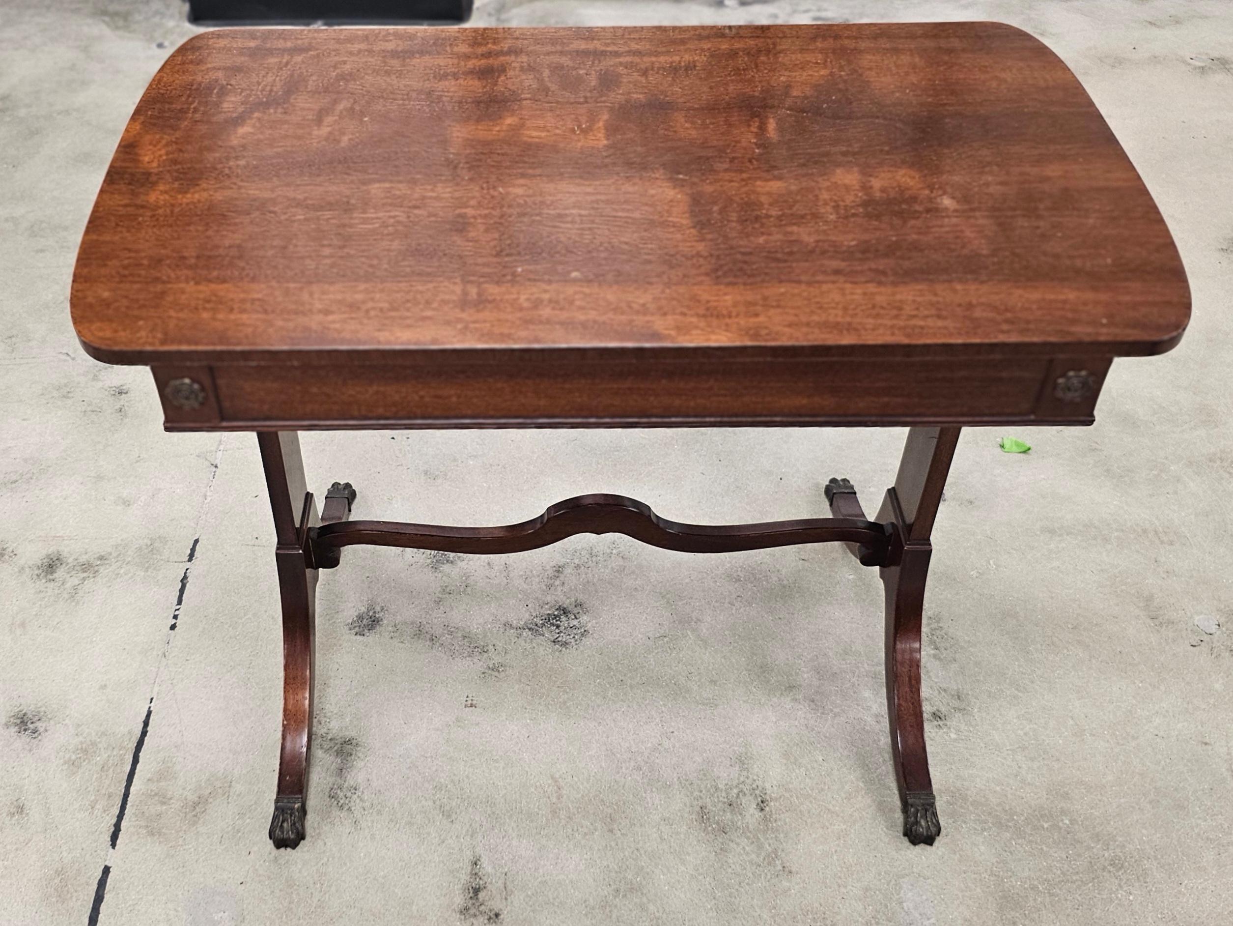 American Mid Century Regency Style Mahogany Trestle Table With Pull-Out Trays & Paw Feet For Sale