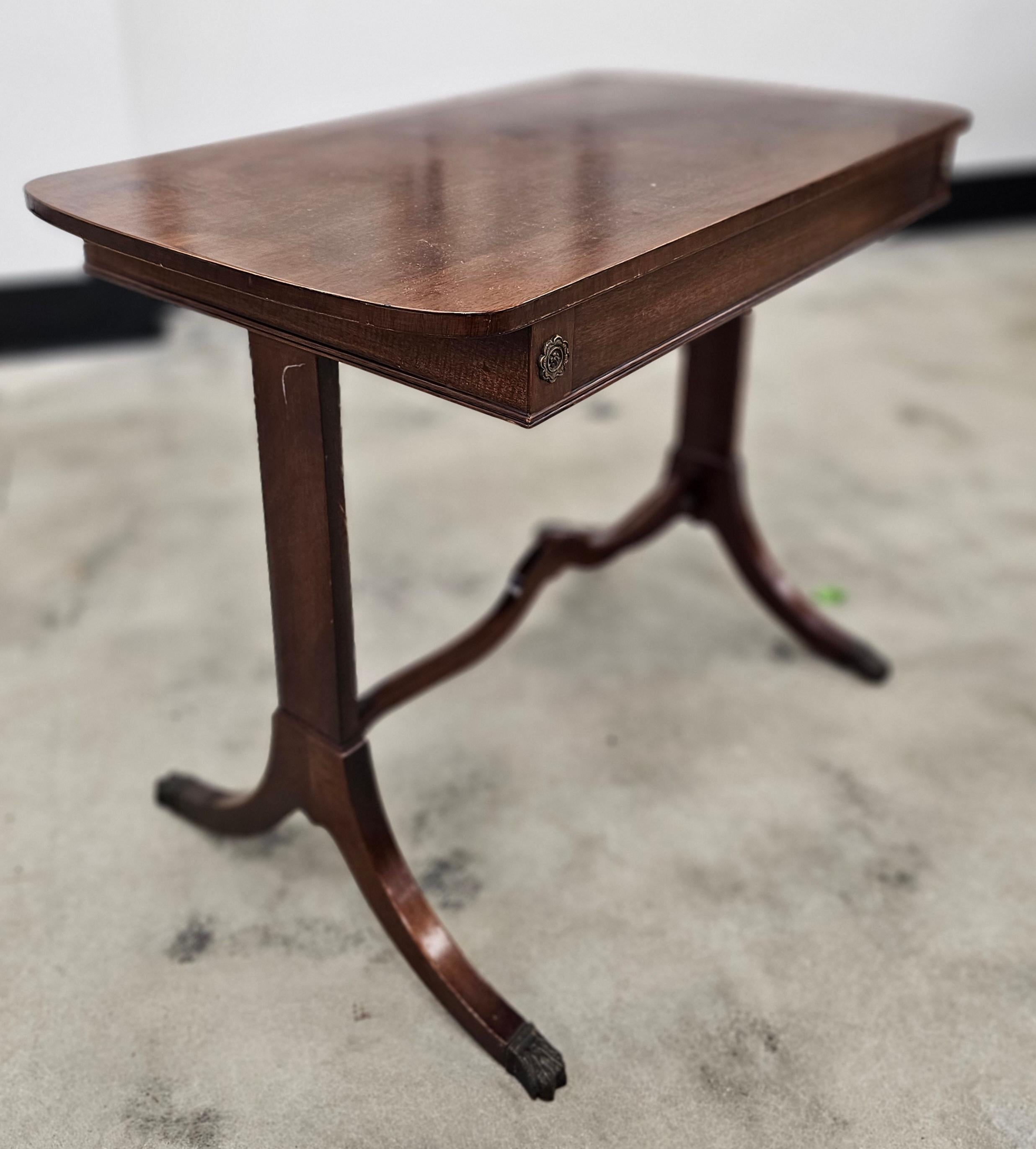 Stained Mid Century Regency Style Mahogany Trestle Table With Pull-Out Trays & Paw Feet For Sale
