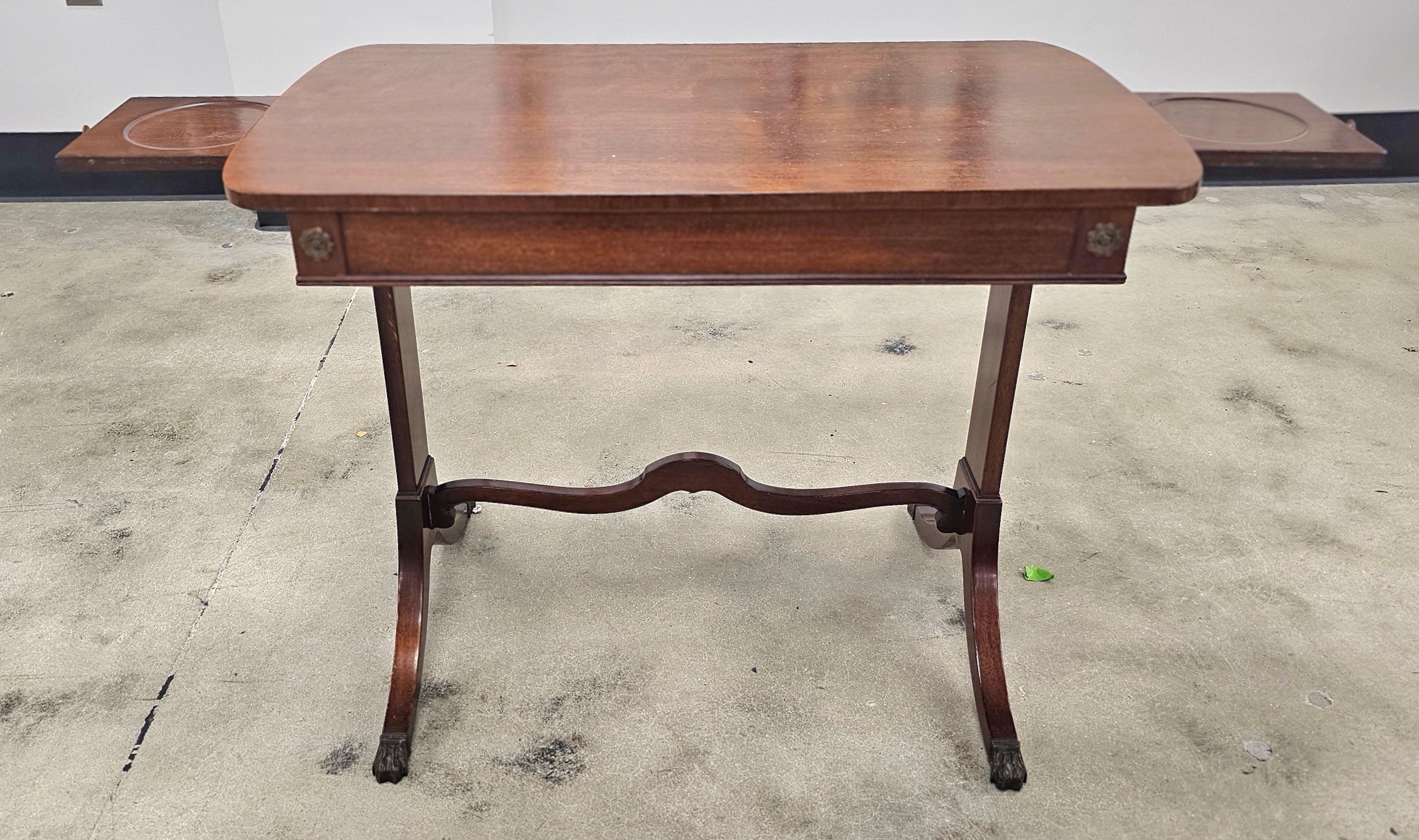 20th Century Mid Century Regency Style Mahogany Trestle Table With Pull-Out Trays & Paw Feet For Sale