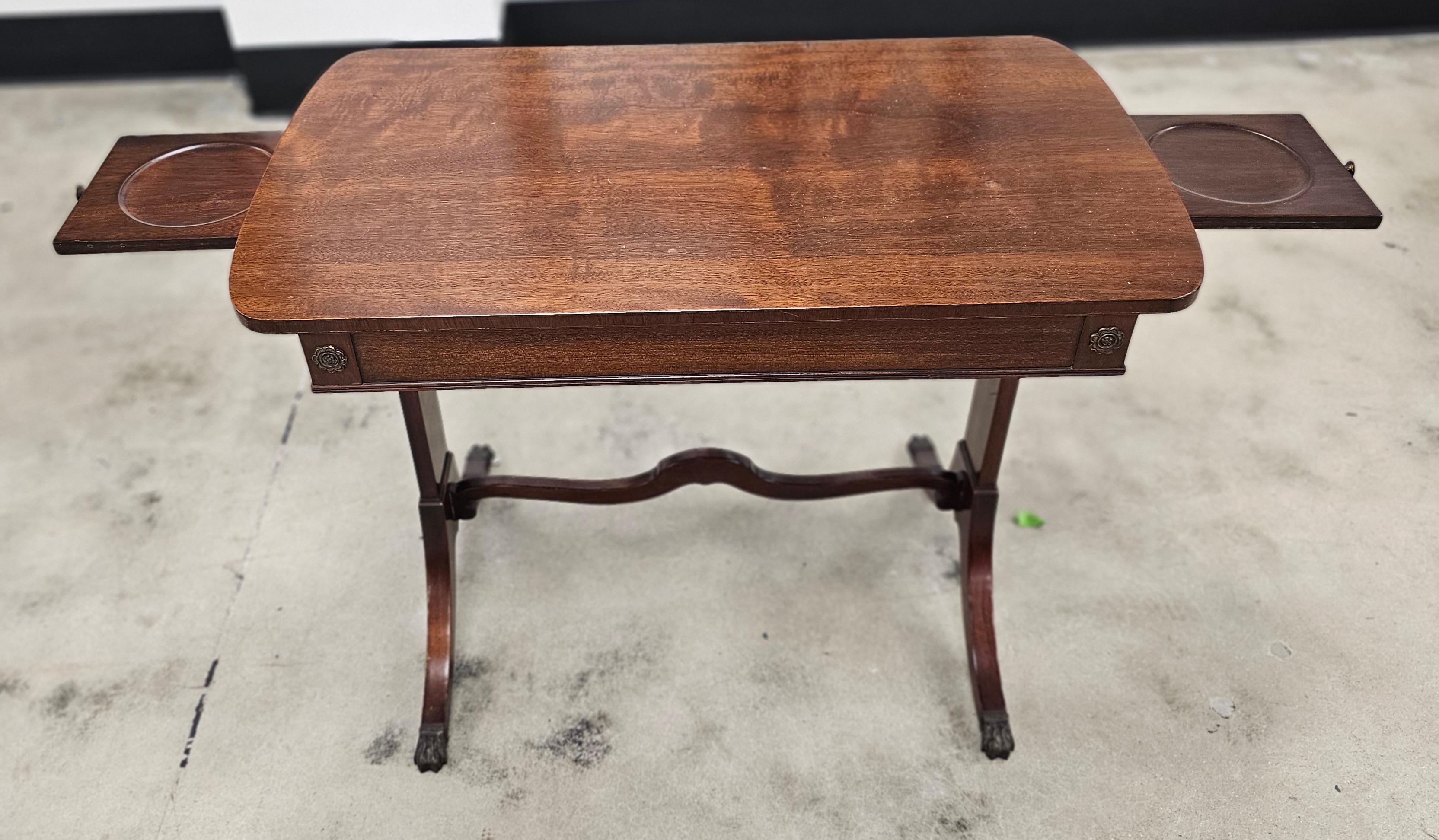 Mid Century Regency Style Mahogany Trestle Table With Pull-Out Trays & Paw Feet For Sale 1