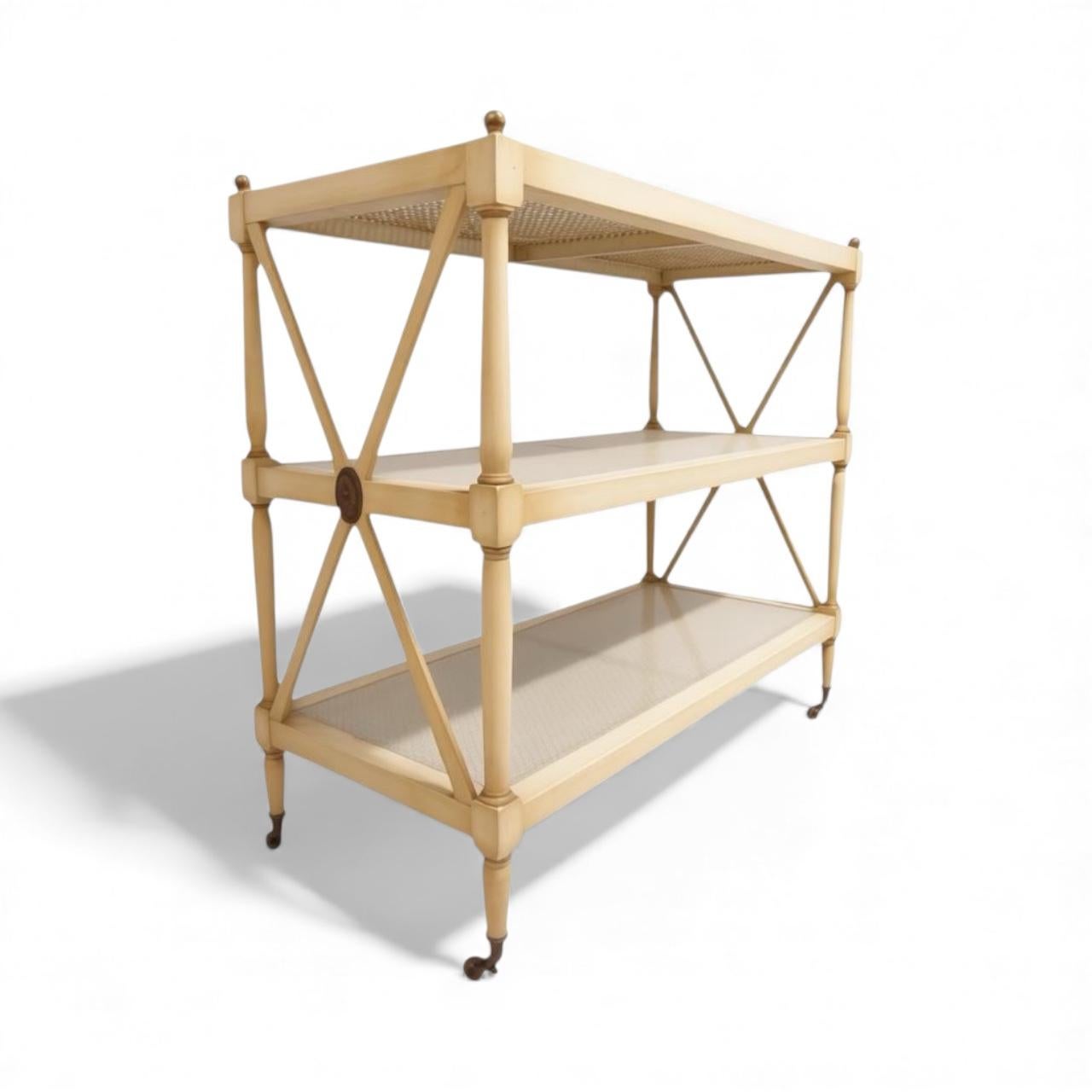 American Mid-Century Regency Style Painted & Caned Serving Cart Shelf Étagère Dry Bar For Sale