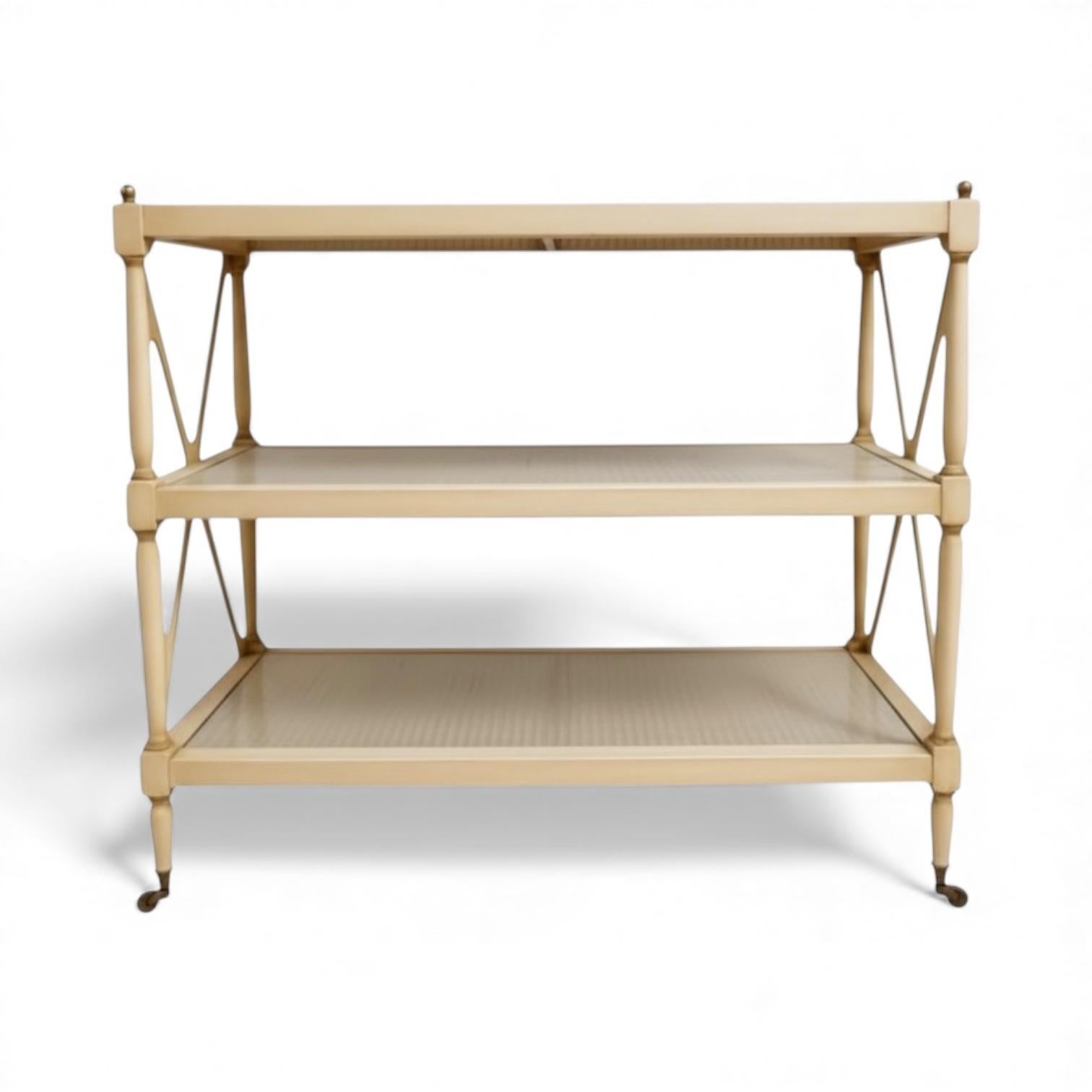 Mid-Century Regency Style Painted & Caned Serving Cart Shelf Étagère Dry Bar In Good Condition For Sale In Kennesaw, GA