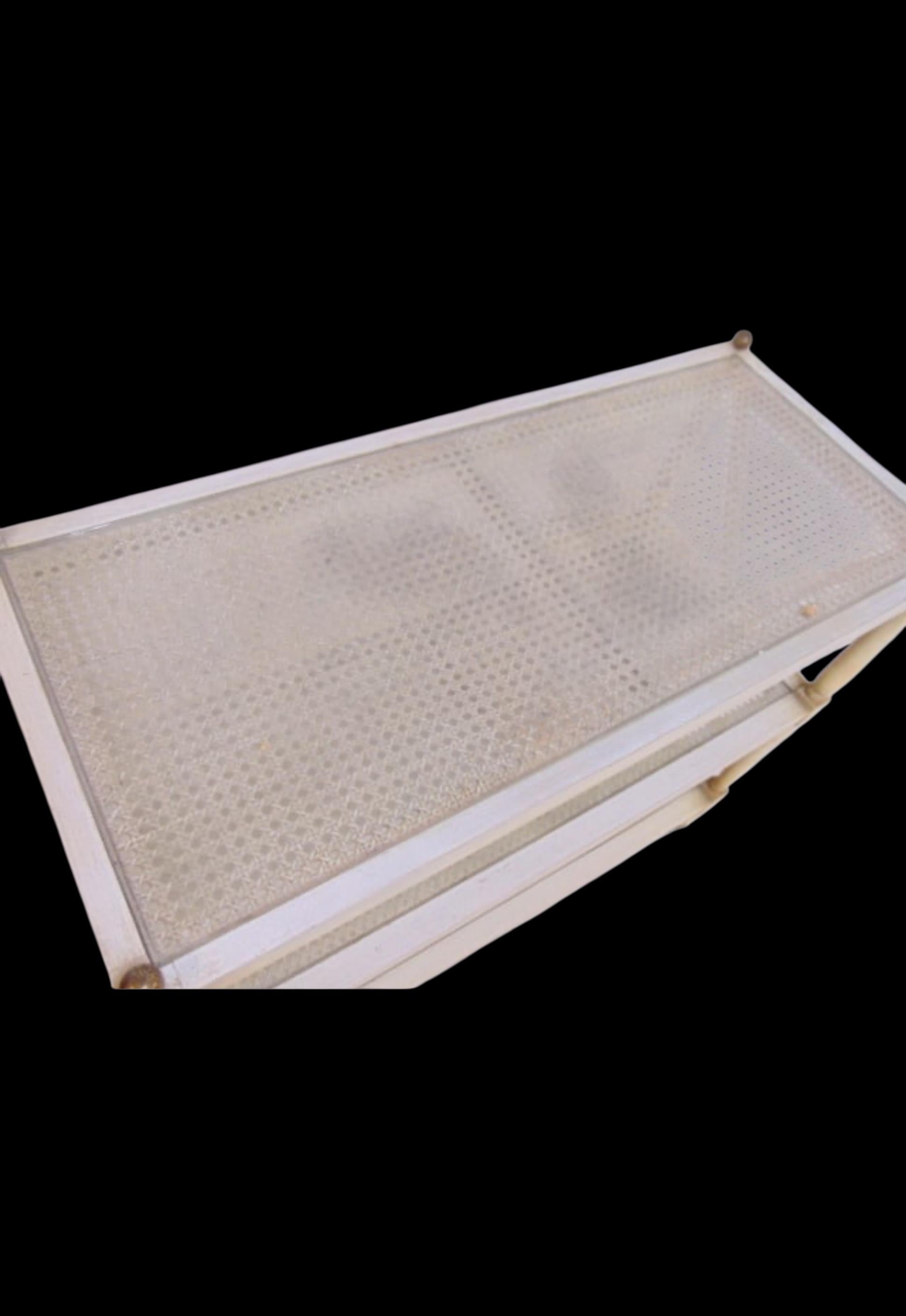 20th Century Mid-Century Regency Style Painted & Caned Serving Cart Shelf Étagère Dry Bar For Sale