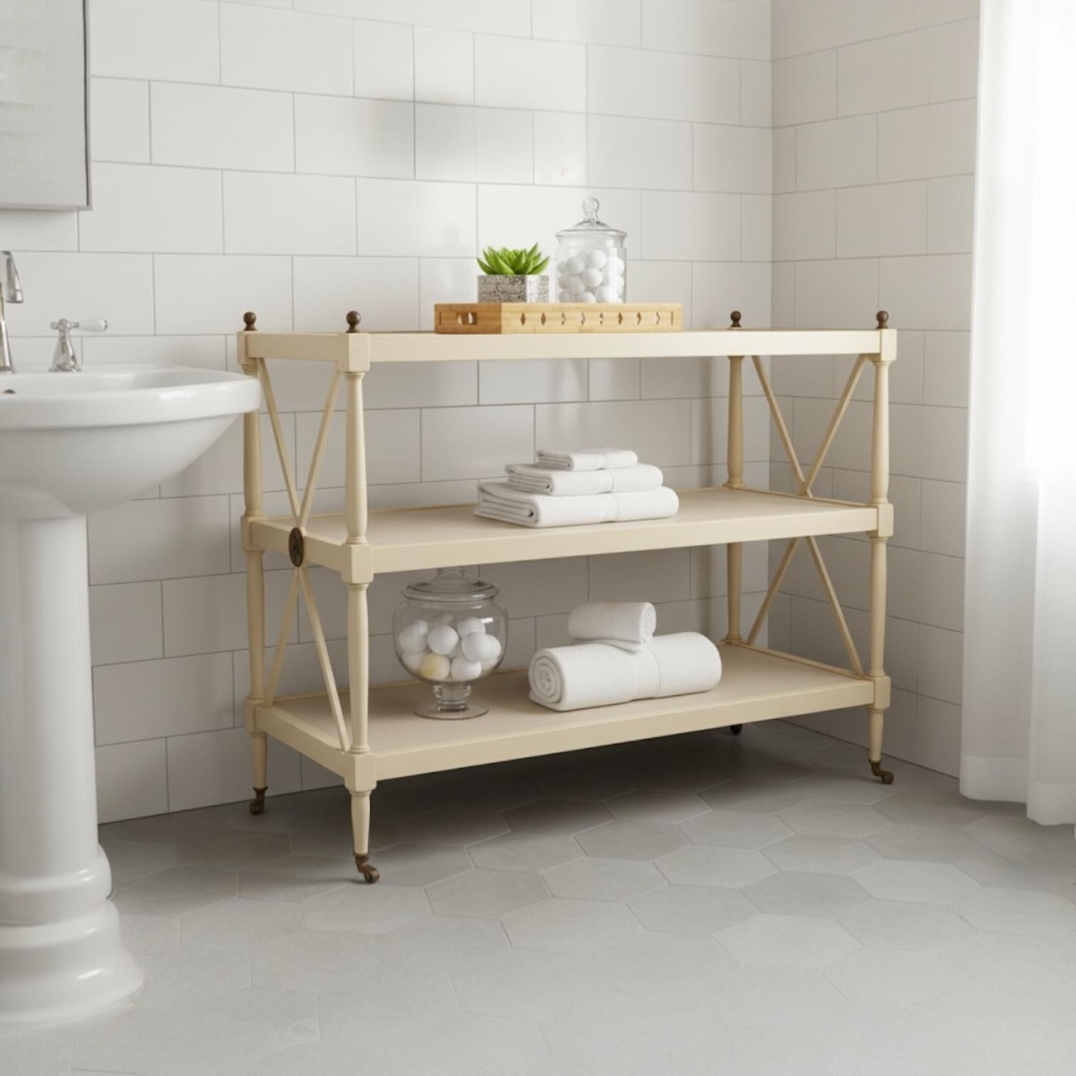 Mid-Century Regency Style Painted & Caned Serving Cart Shelf Étagère Dry Bar For Sale 1