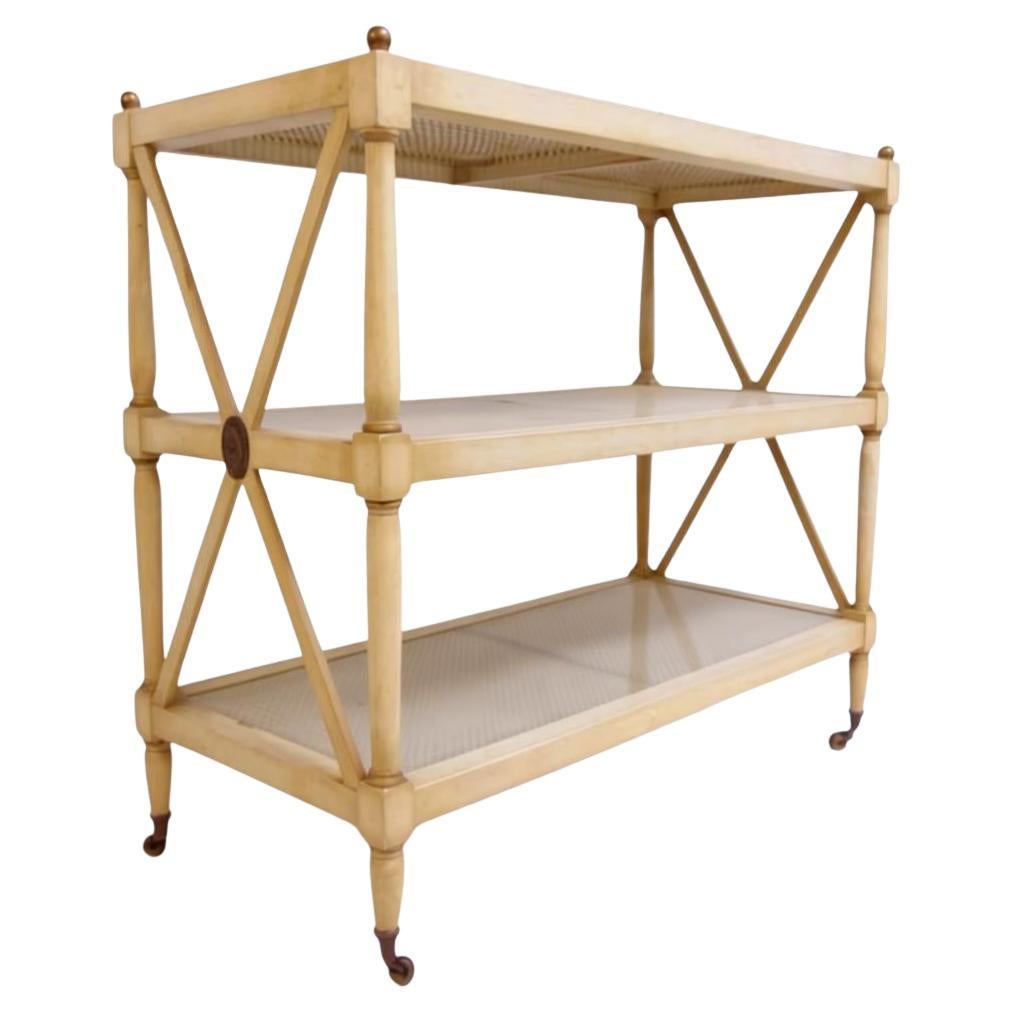 Mid-Century Regency Style Painted & Caned Serving Cart Shelf Étagère Dry Bar For Sale