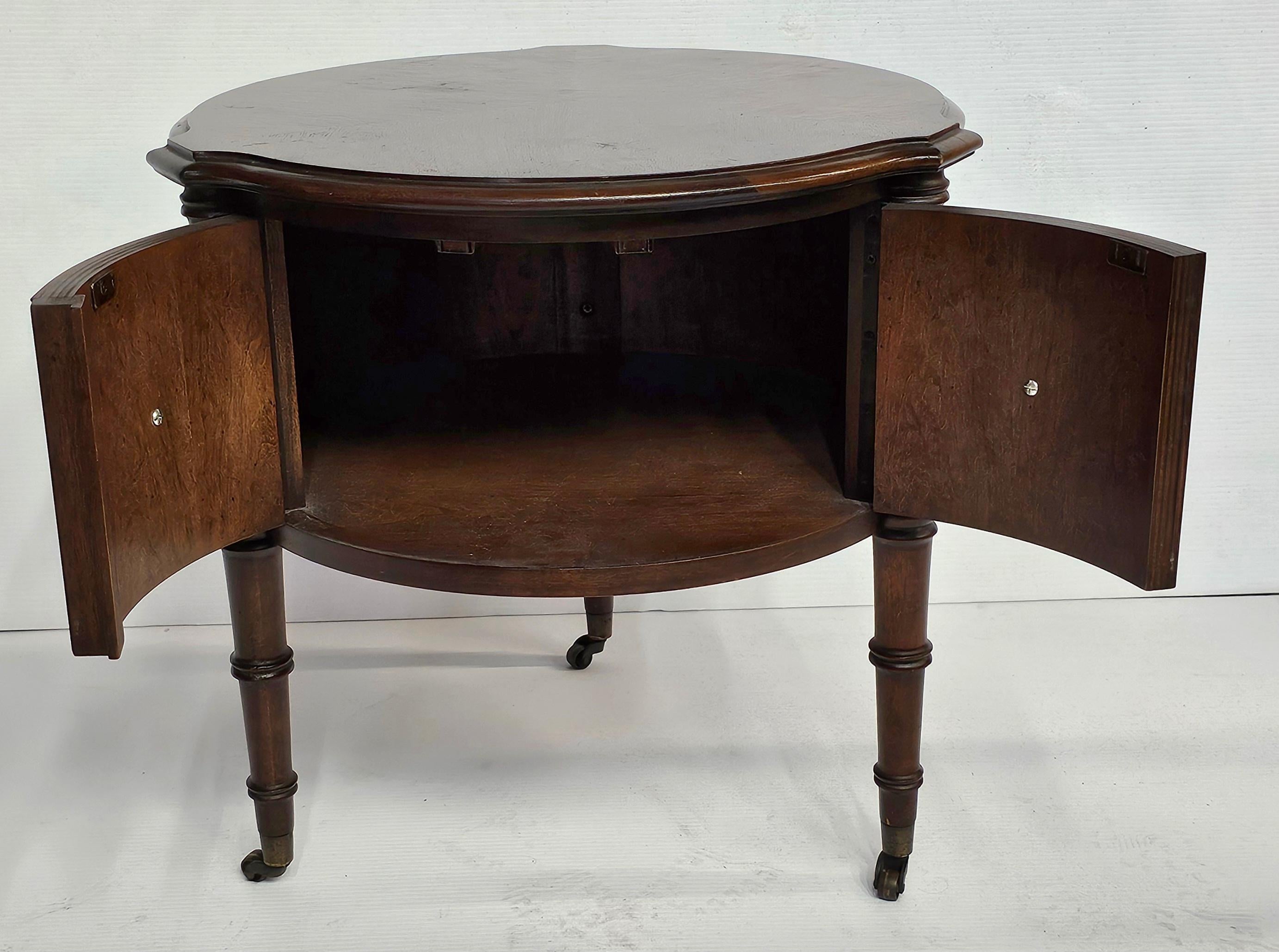 Other Mid-Century Regency Style Walnut Rolling Trifid Storage Drum Side  Table For Sale