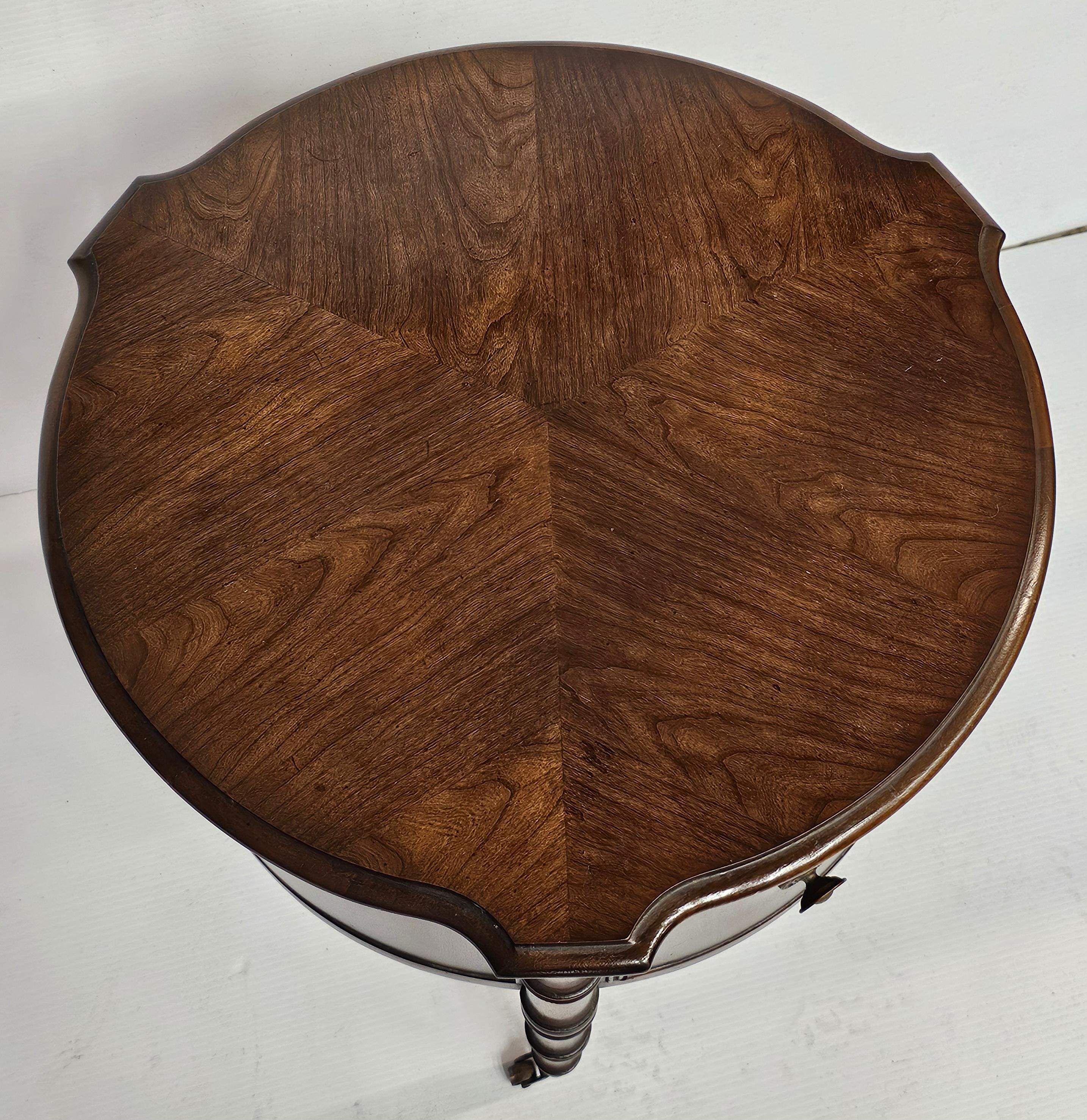 Brass Mid-Century Regency Style Walnut Rolling Trifid Storage Drum Side  Table For Sale