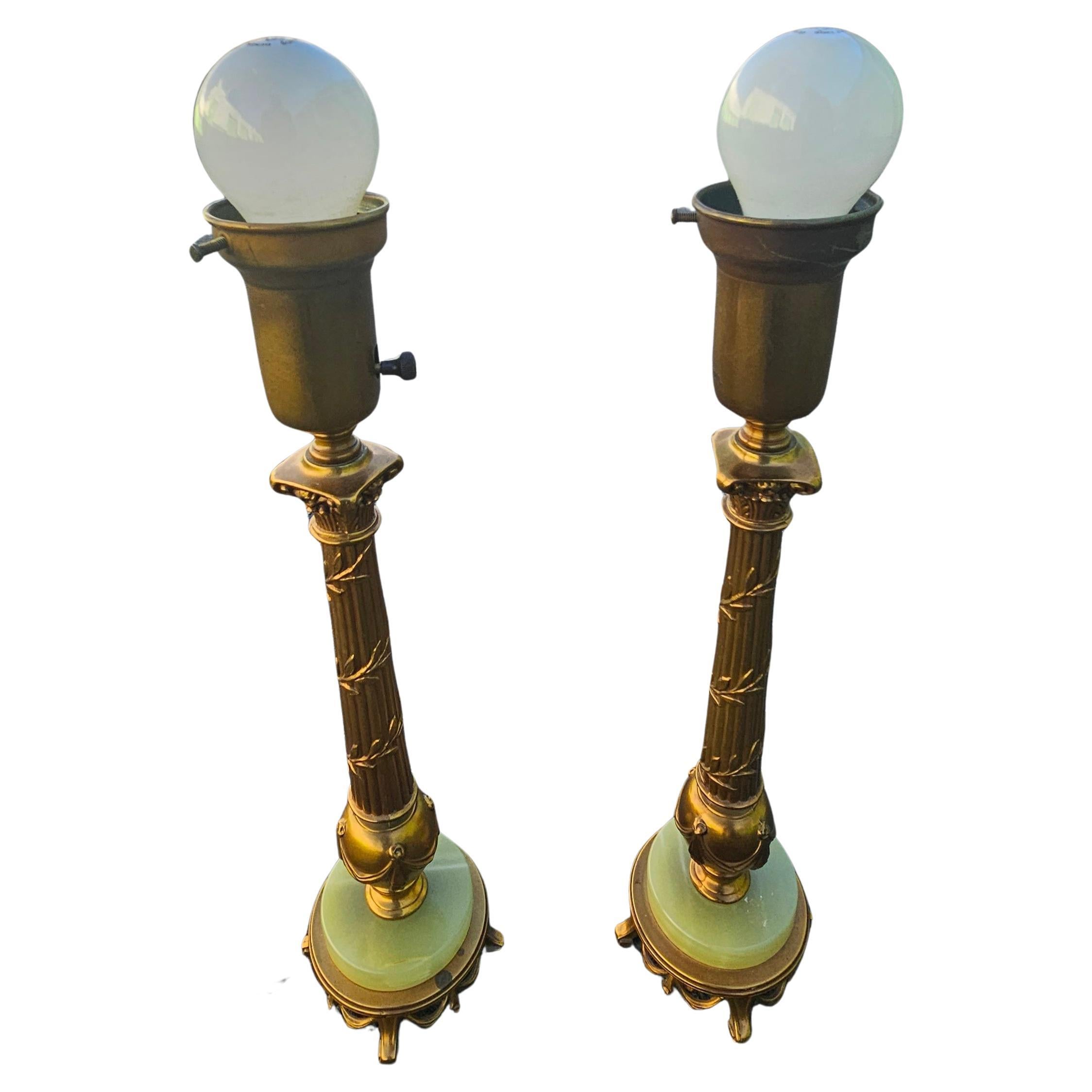 A Pair Mid-Century Rembrandt Onyx and Gilt Metal Patinated Torchiere Table Lamps. Measures 6
