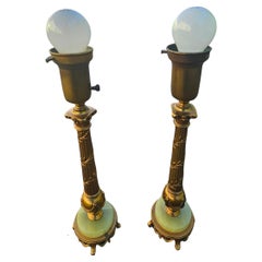 Mid-Century Rembrandt Onyx and Gilt Metal Patinated Torchiere Table Lamps, Pair