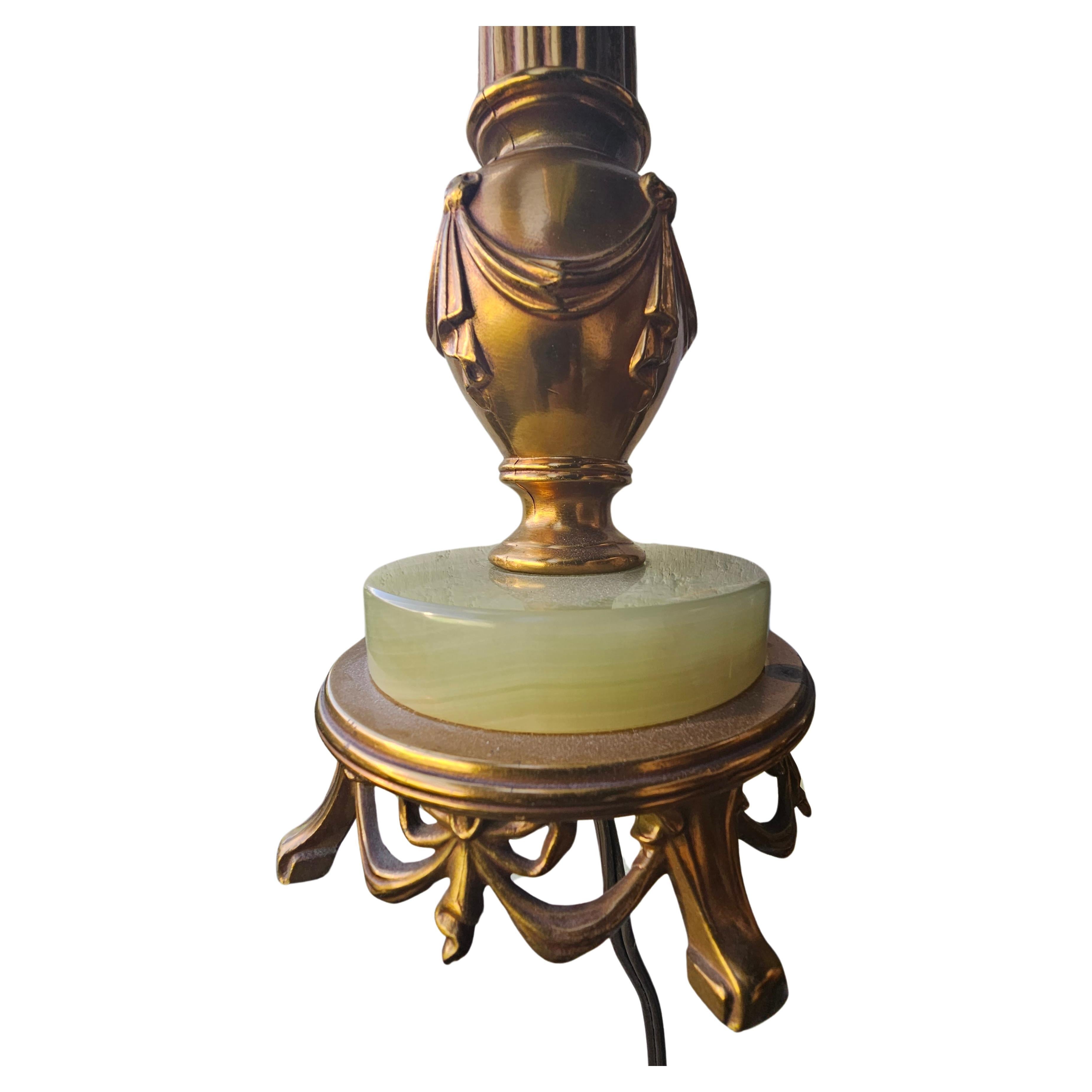 20th Century Mid-Century Rembrandt Onyx and Gilt Metal Patinated Torchiere Table Lamps, Pair For Sale