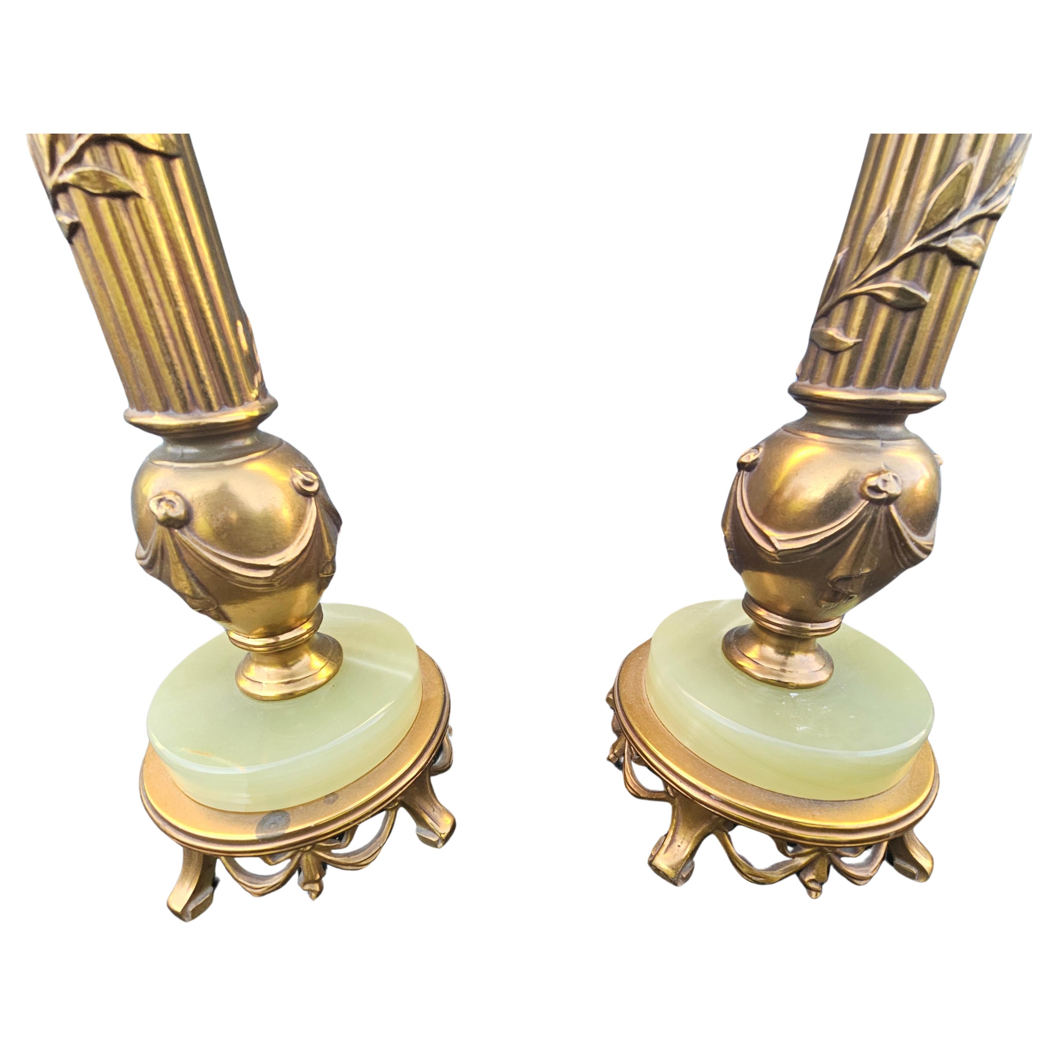 Mid-Century Rembrandt Onyx and Gilt Metal Patinated Torchiere Table Lamps, Pair For Sale 2