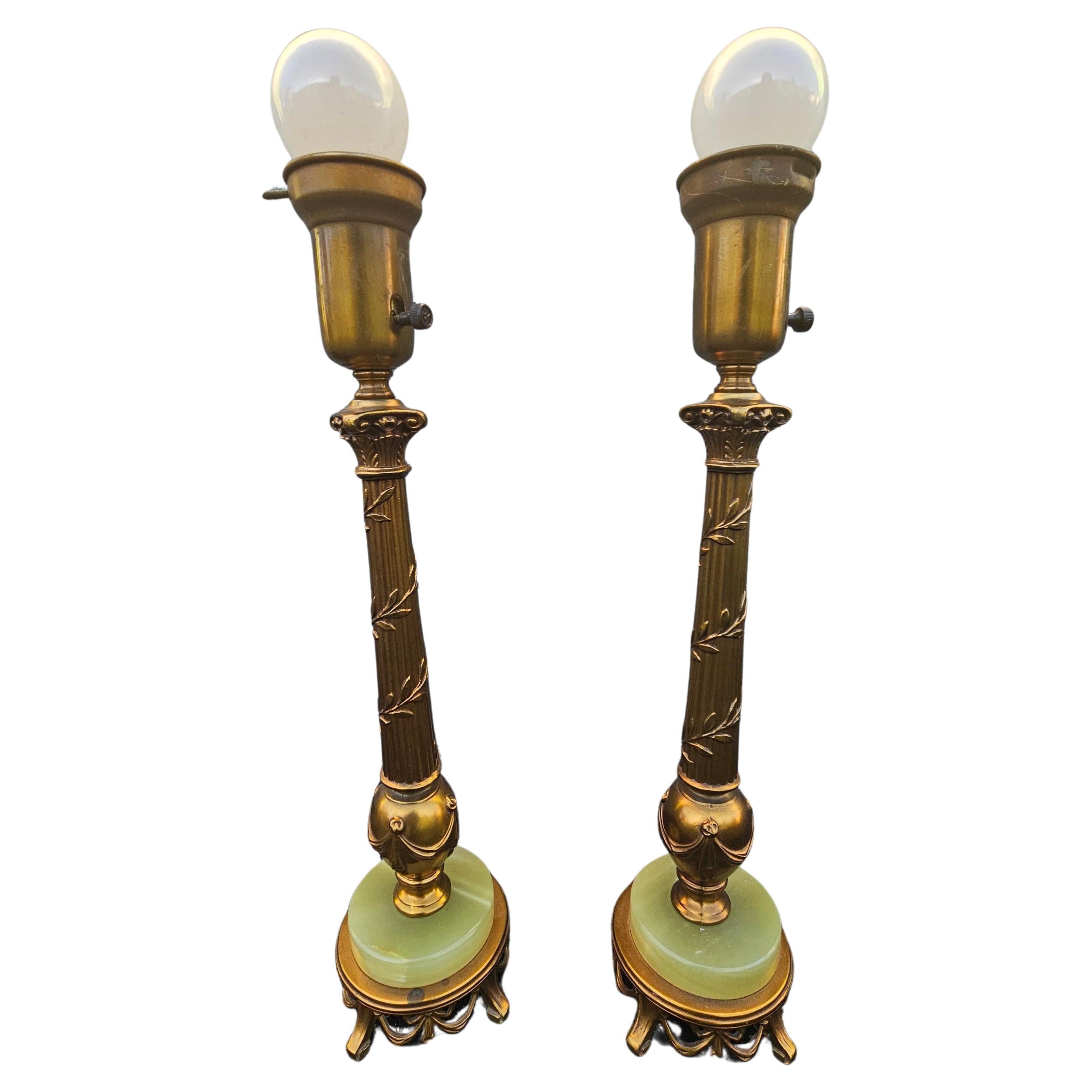Mid-Century Rembrandt Onyx and Gilt Metal Patinated Torchiere Table Lamps, Pair For Sale