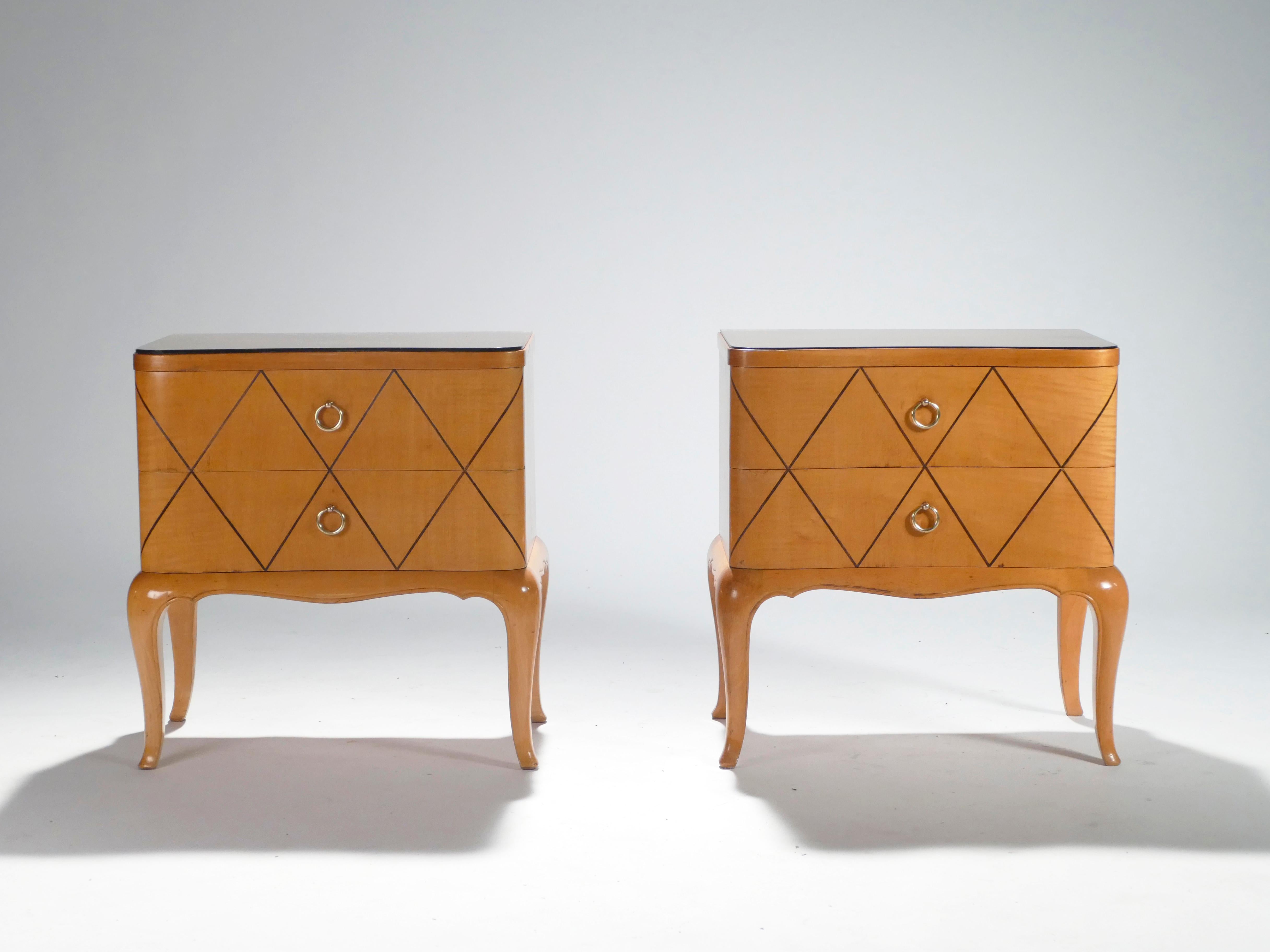 Mid-Century Modern Midcentury René Prou Sycamore Brass Nightstands or End Tables, 1940s