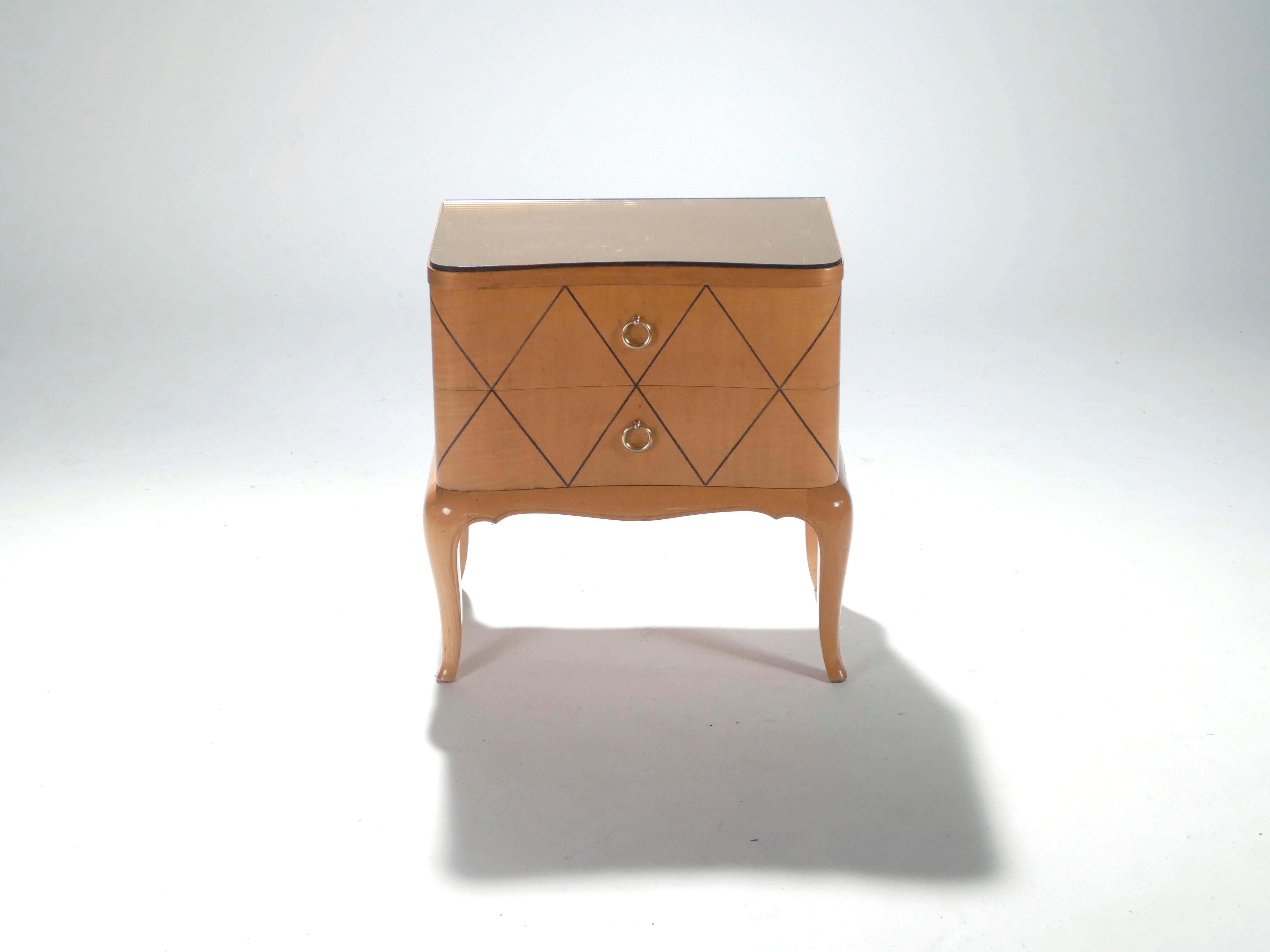 French Midcentury René Prou Sycamore Brass Nightstands or End Tables, 1940s