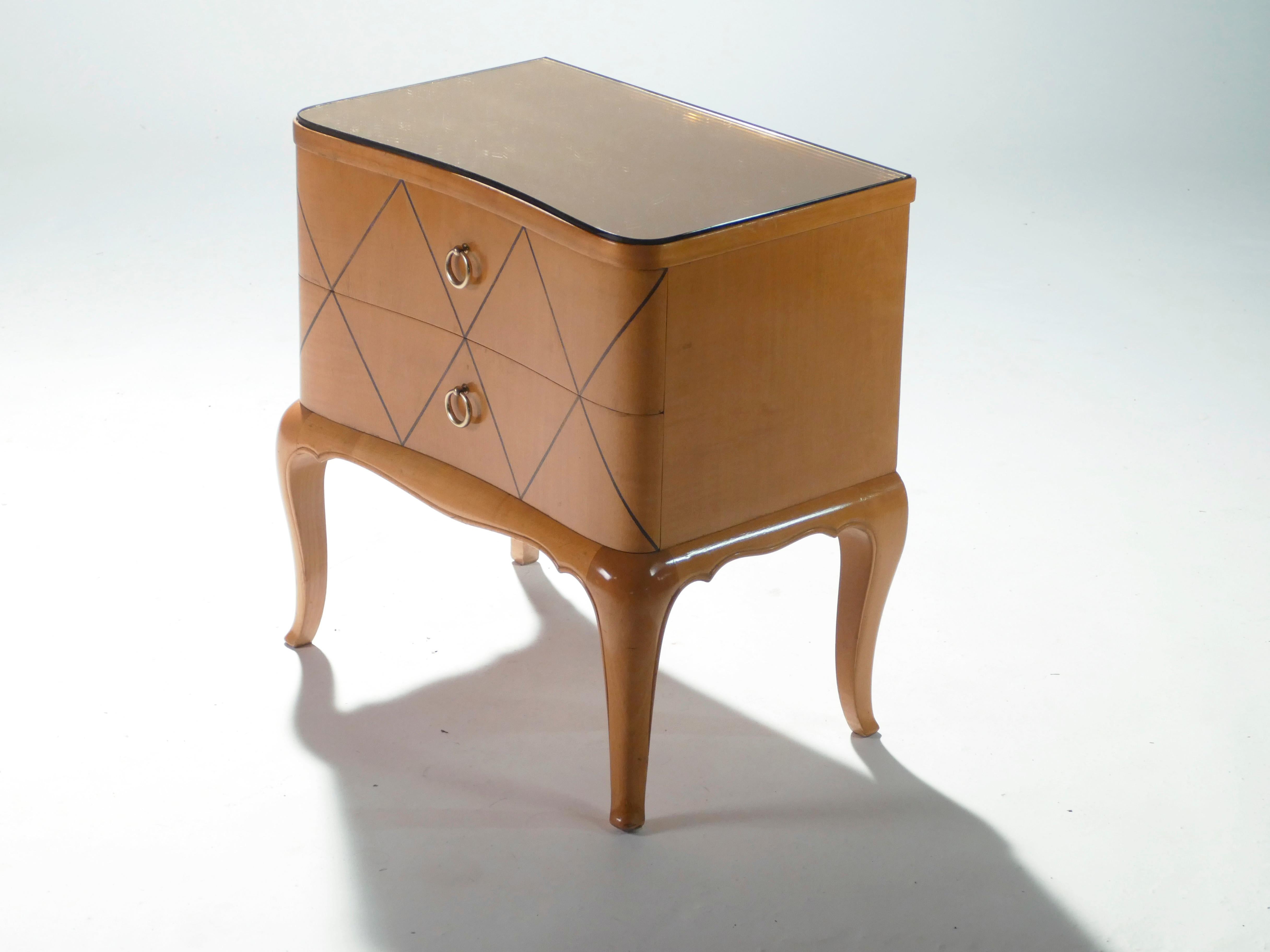 Mid-20th Century Midcentury René Prou Sycamore Brass Nightstands or End Tables, 1940s