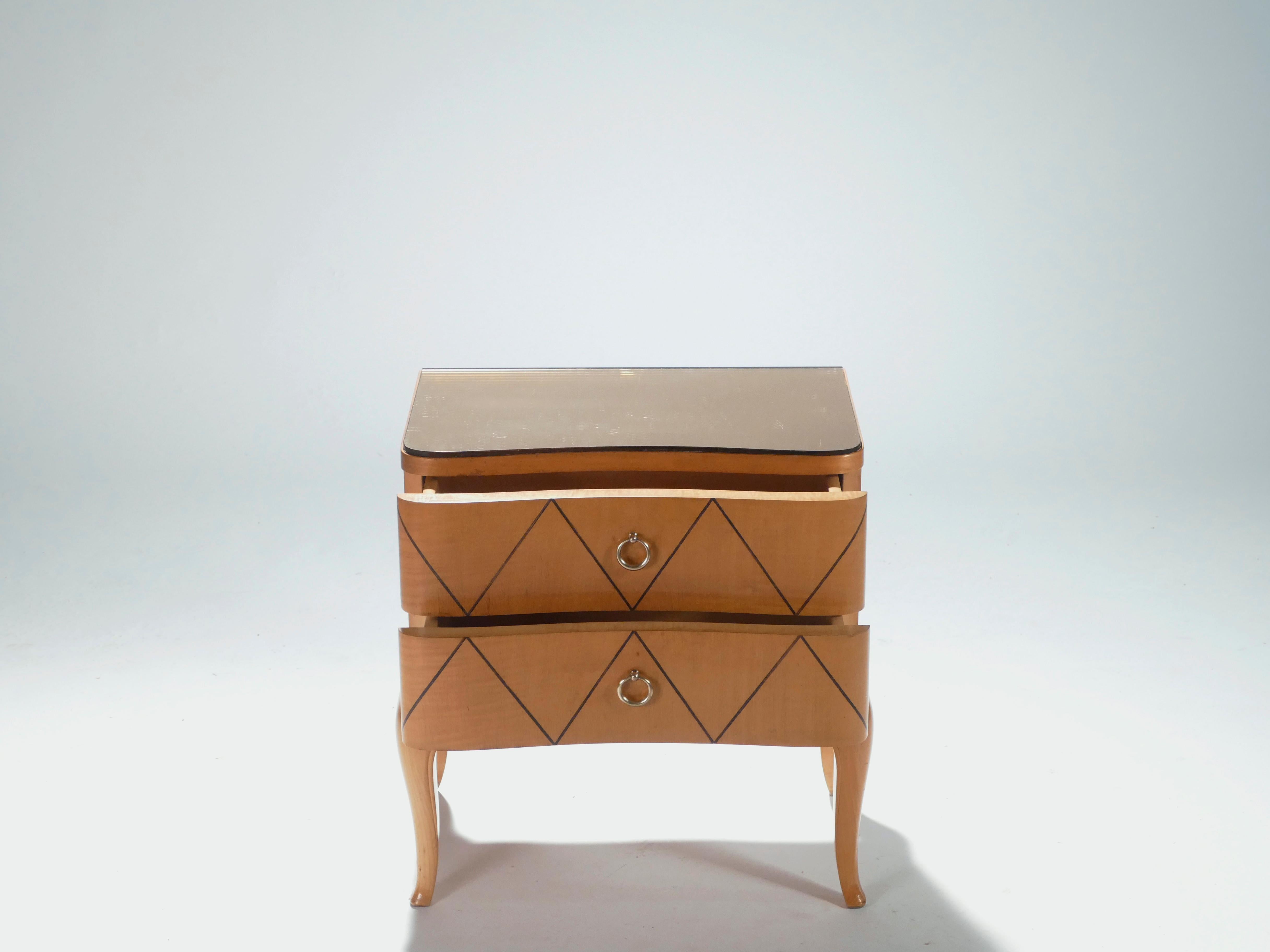 Midcentury René Prou Sycamore Brass Nightstands or End Tables, 1940s 2