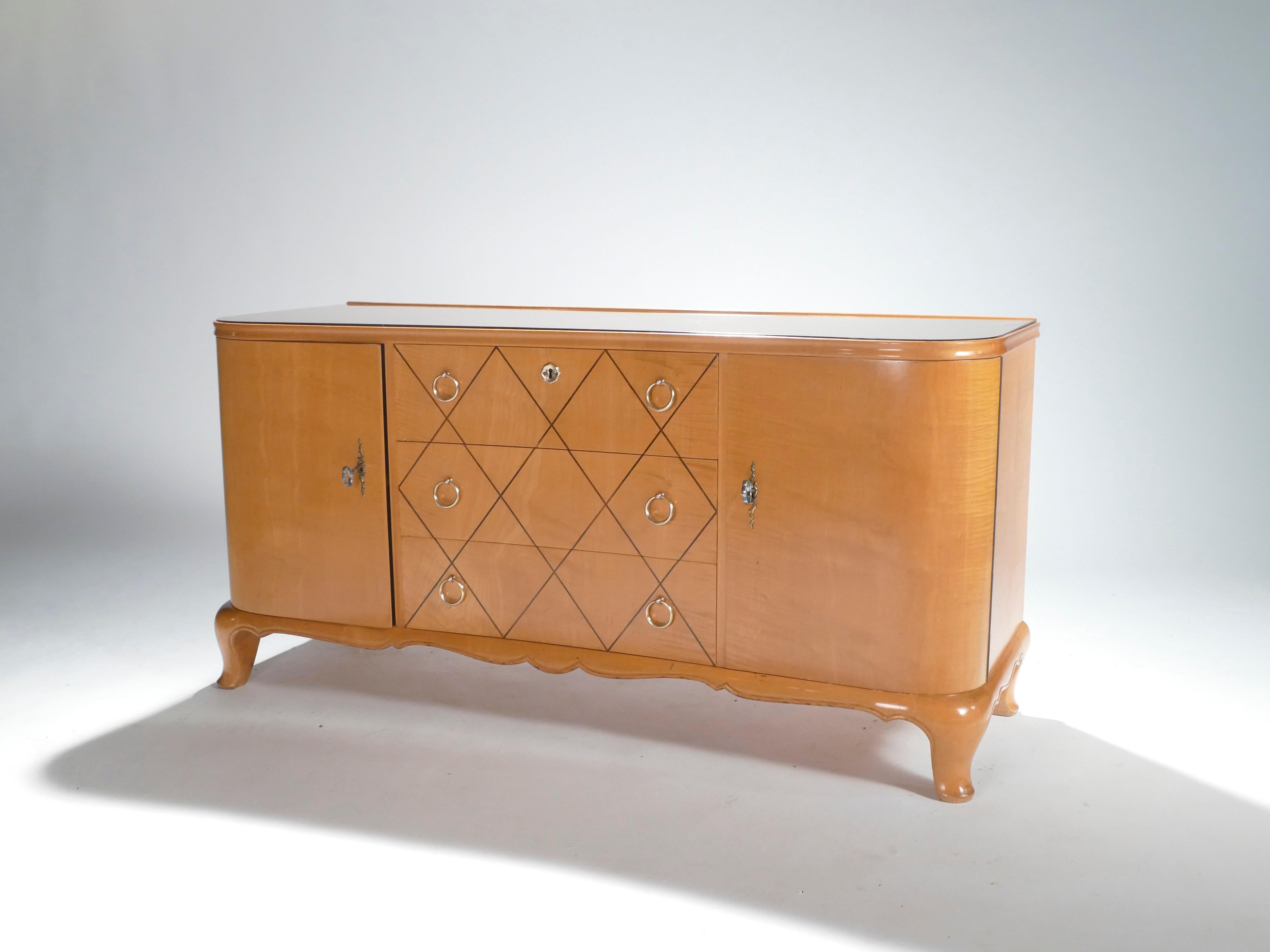 Midcentury René Prou Sycamore Brass Sideboard Commode, 1940s (Moderne der Mitte des Jahrhunderts)