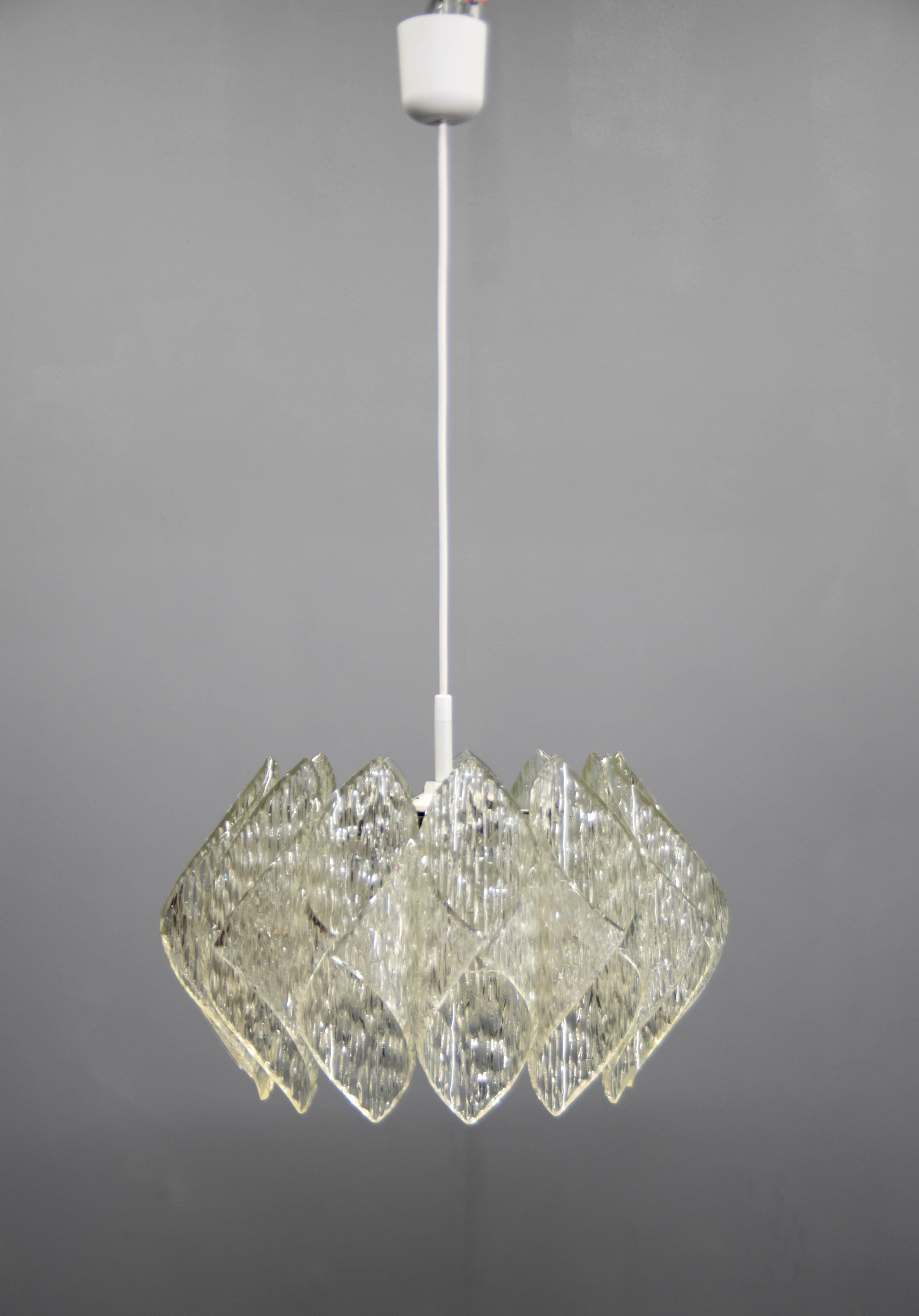Mid-Century chandelier made in 1960s in Czechoslovakia. 
Resin and glass shade.
Very good original condition.
1x40W, E25-E27 bulb
US wiring compatible