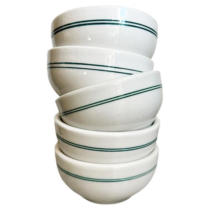 Mid-Century Restaurant Ware Berry Bowls in White and Green, Set of 5 1960s For Sale