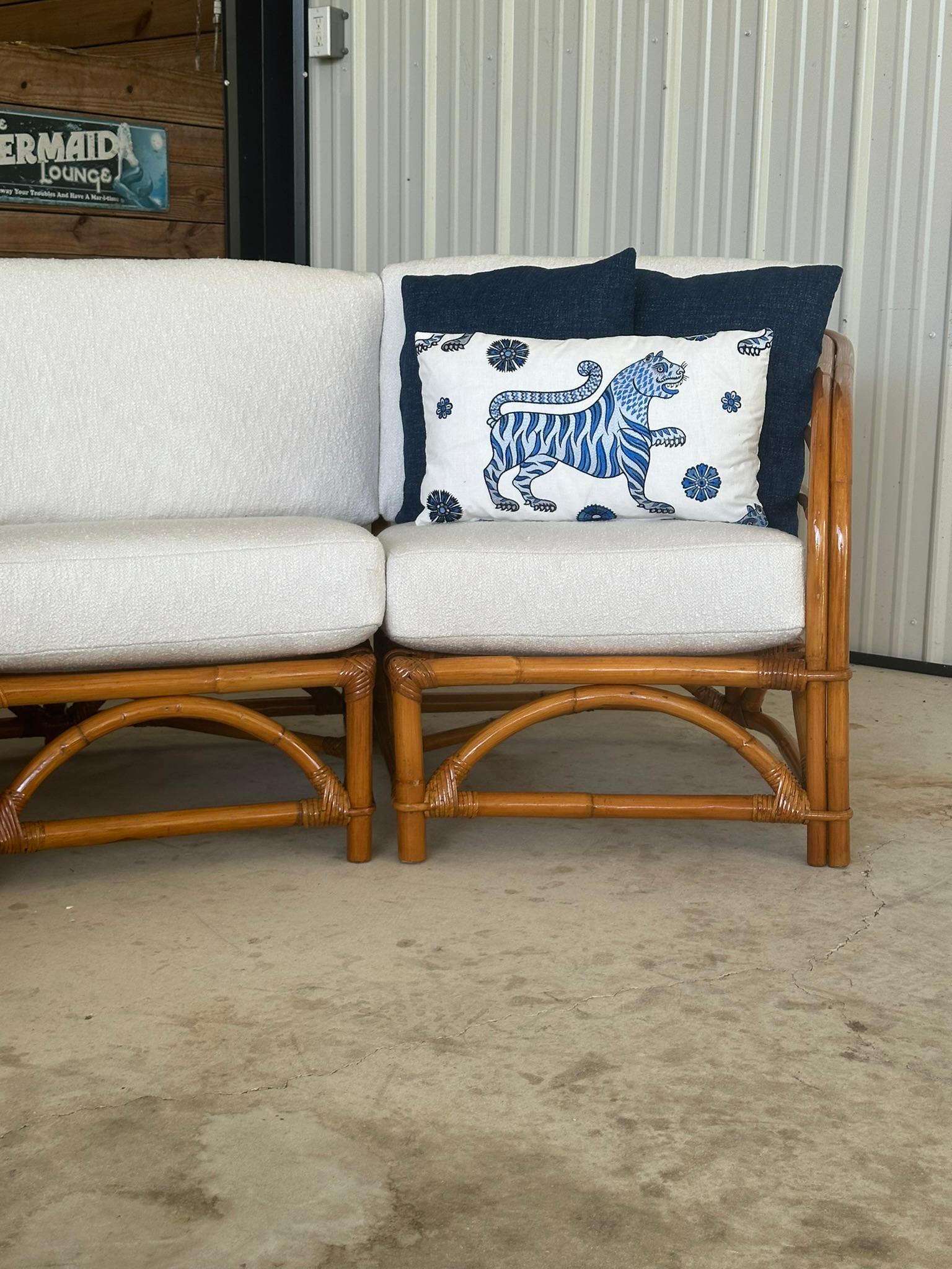 Mid-Century Restored Refinished Rattan Four Piece Custom Upholstered Sectional For Sale 3