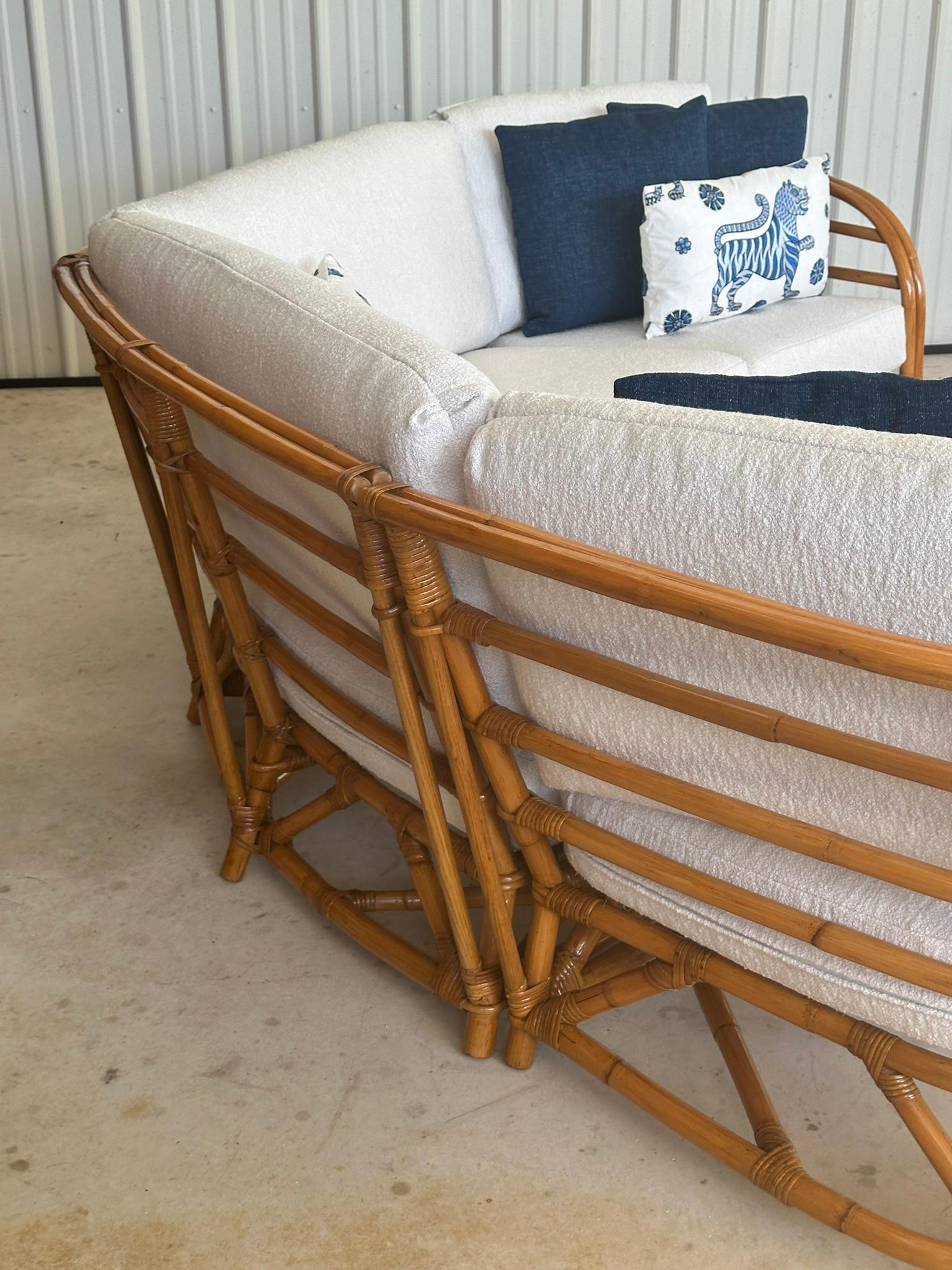 Mid-Century Restored Refinished Rattan Four Piece Custom Upholstered Sectional For Sale 4