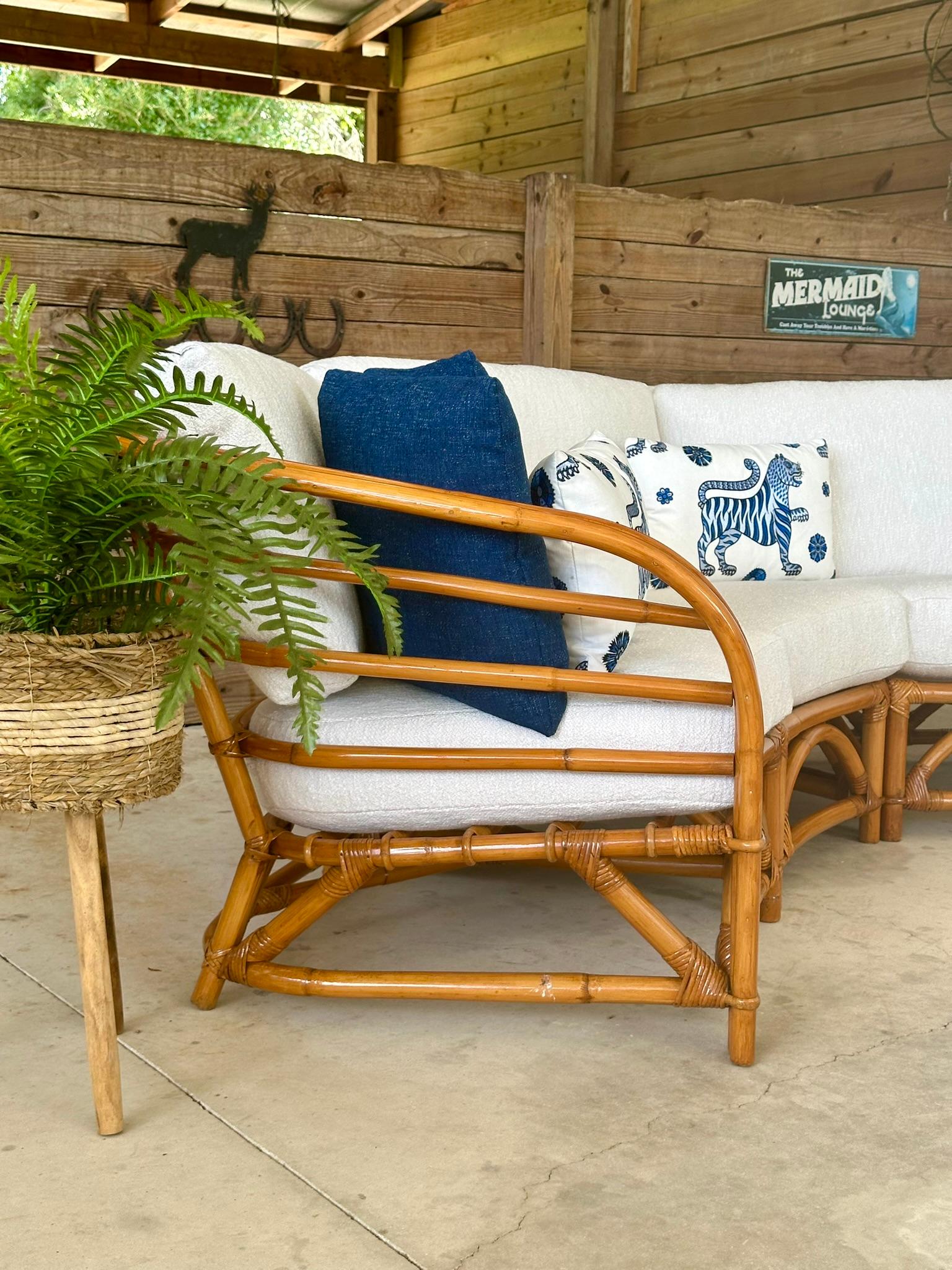 Chinoiserie Mid-Century Restored Refinished Rattan Four Piece Custom Upholstered Sectional For Sale