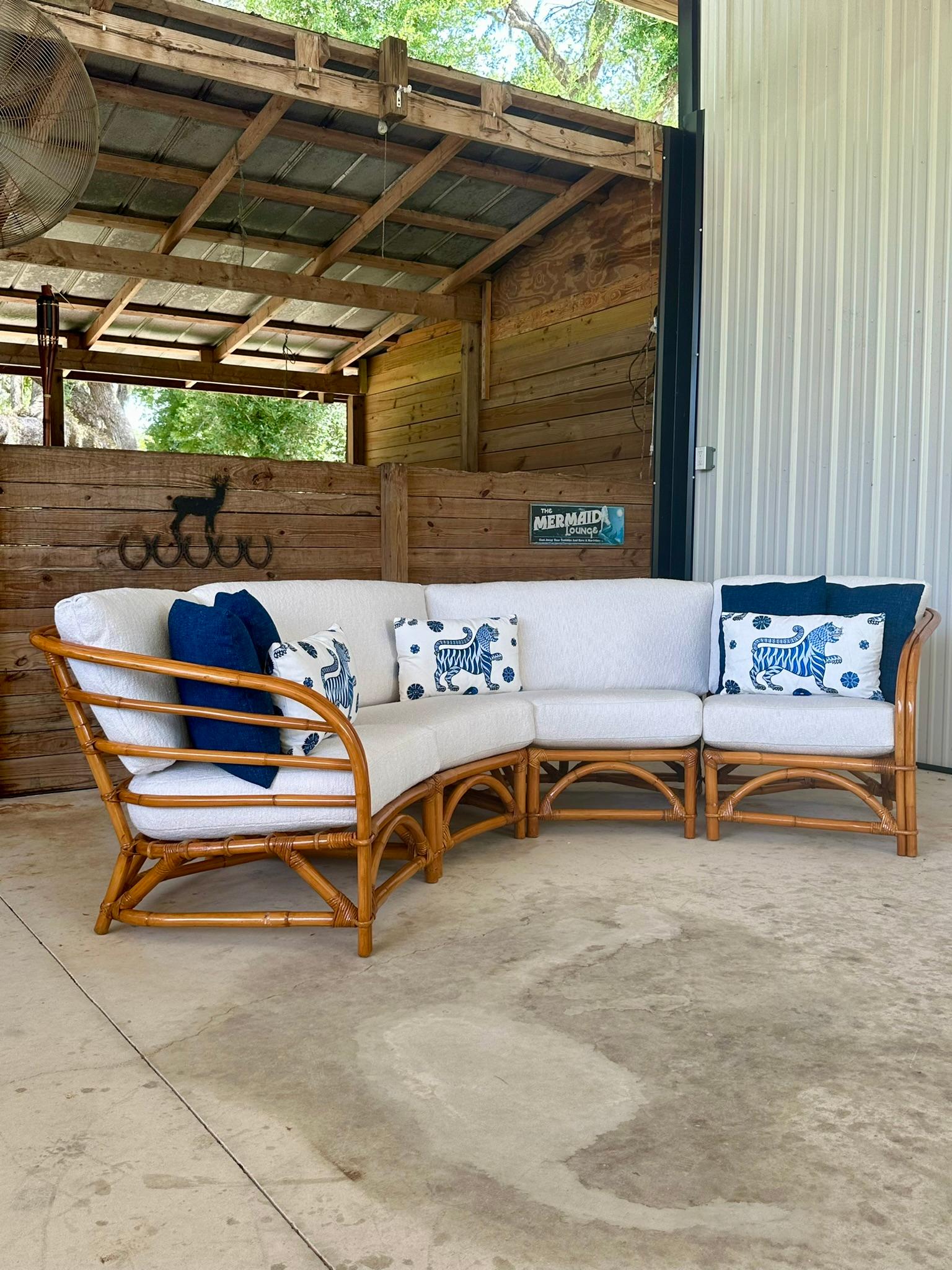 Philippine Mid-Century Restored Refinished Rattan Four Piece Custom Upholstered Sectional For Sale