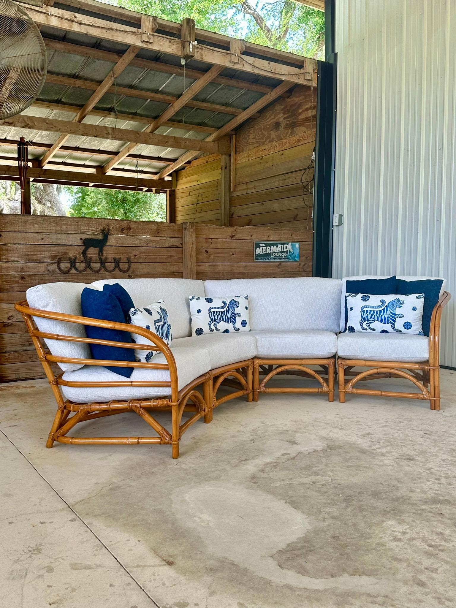 Hand-Crafted Mid-Century Restored Refinished Rattan Four Piece Custom Upholstered Sectional For Sale