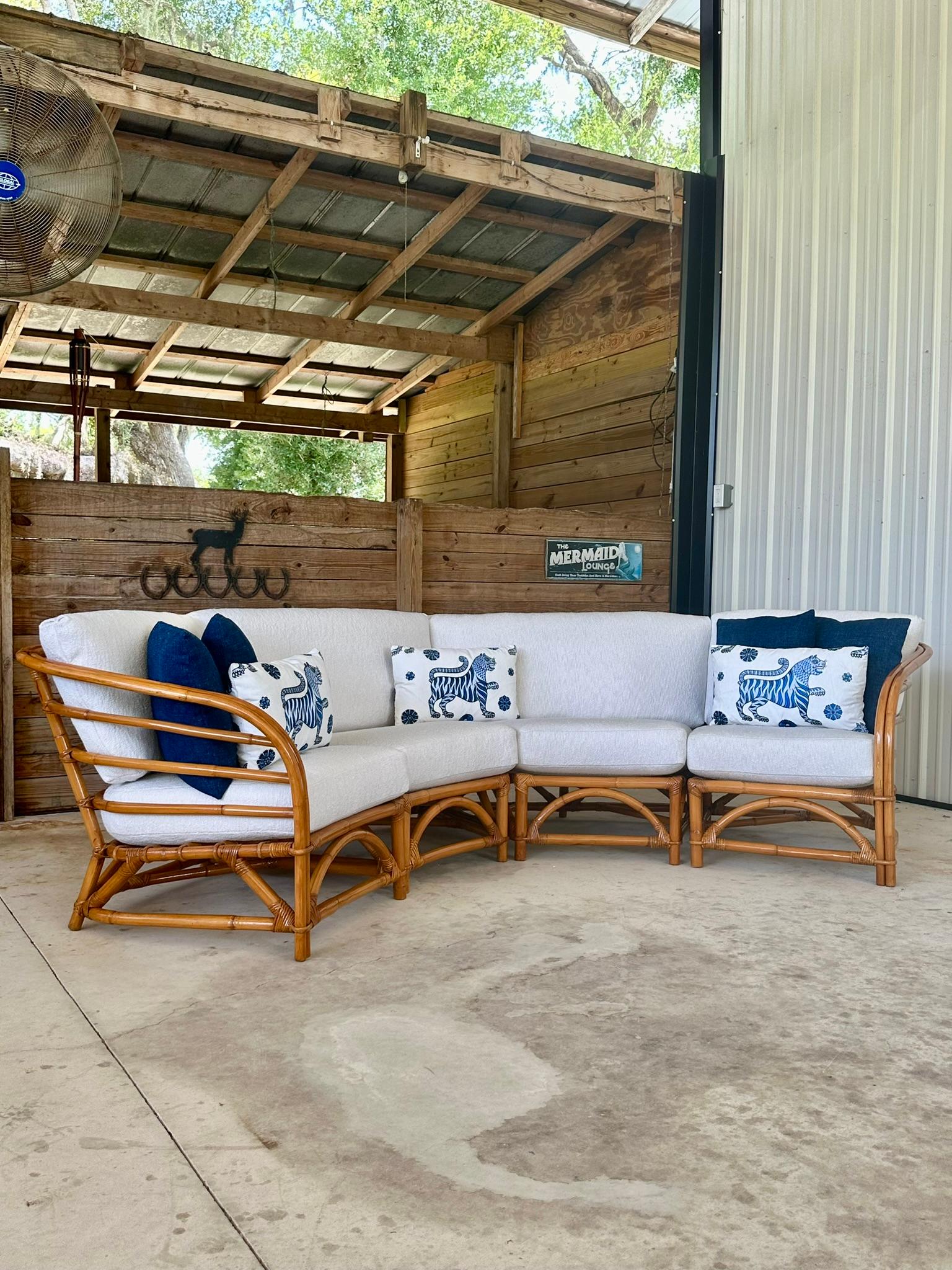 Mid-Century Restored Refinished Rattan Four Piece Custom Upholstered Sectional In Excellent Condition For Sale In North Fort Myers, FL