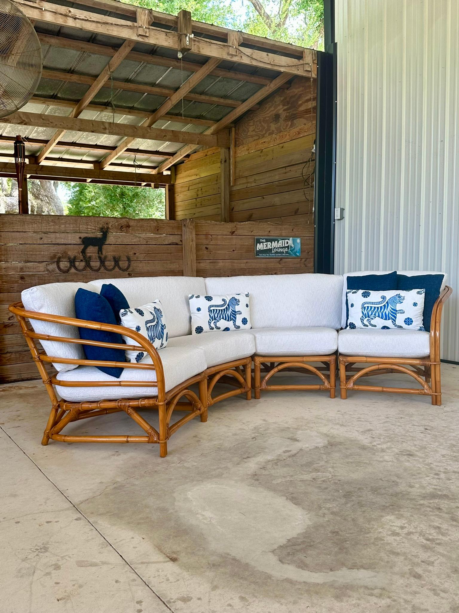 20th Century Mid-Century Restored Refinished Rattan Four Piece Custom Upholstered Sectional For Sale