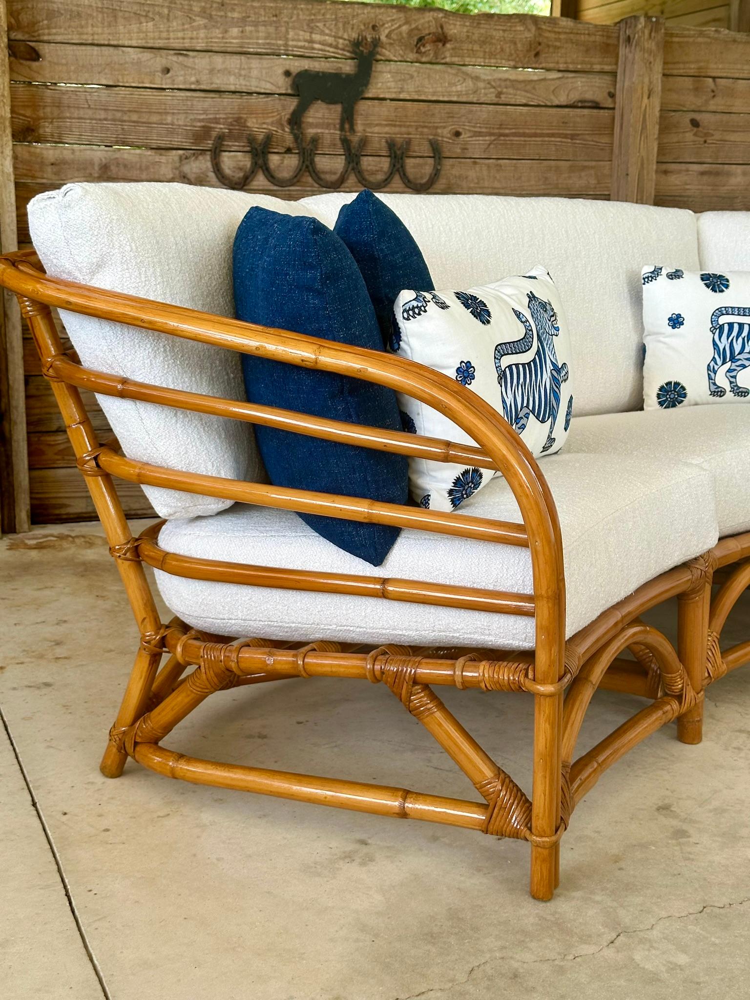Mid-Century Restored Refinished Rattan Four Piece Custom Upholstered Sectional For Sale 1