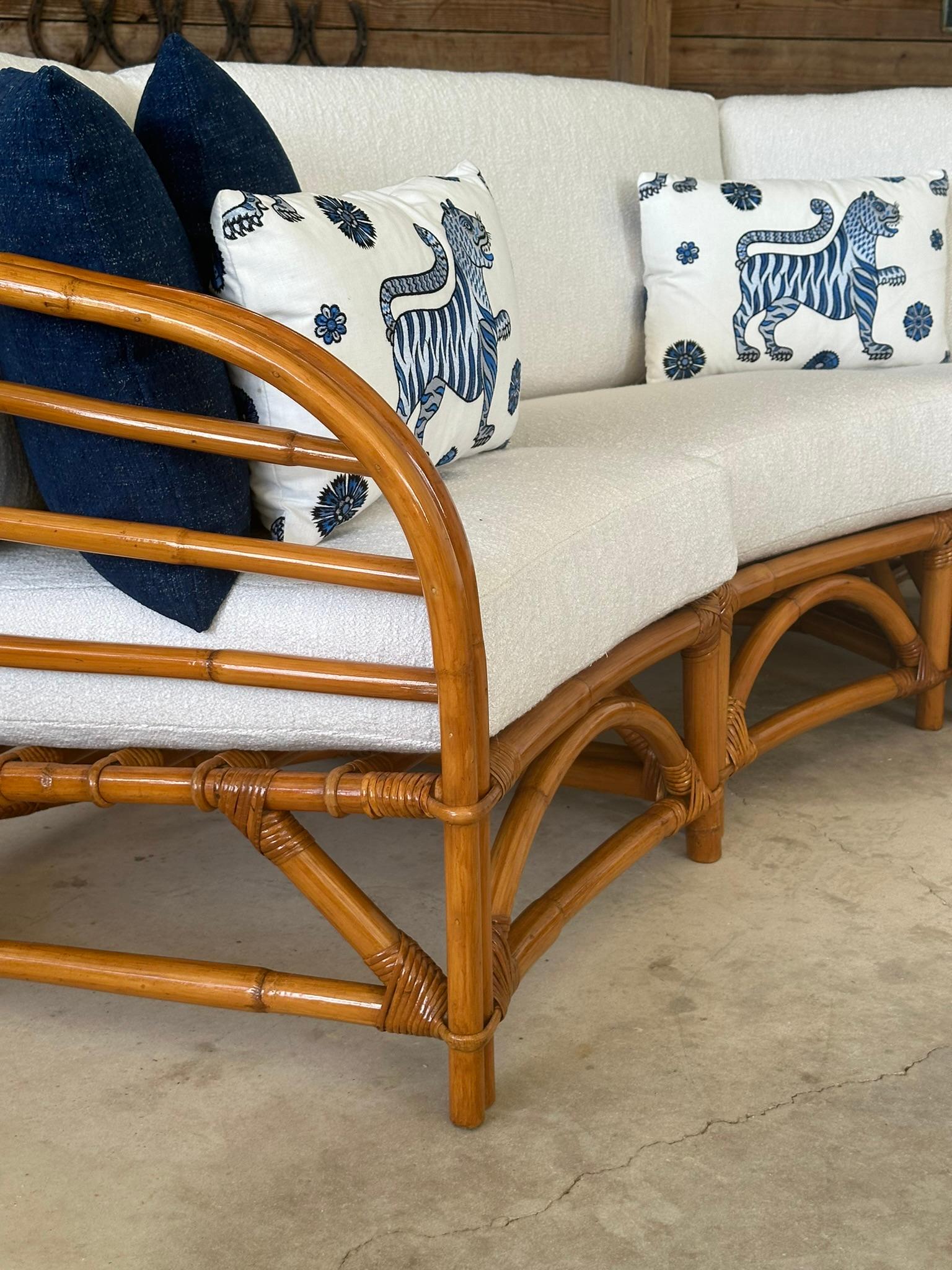 Mid-Century Restored Refinished Rattan Four Piece Custom Upholstered Sectional For Sale 2