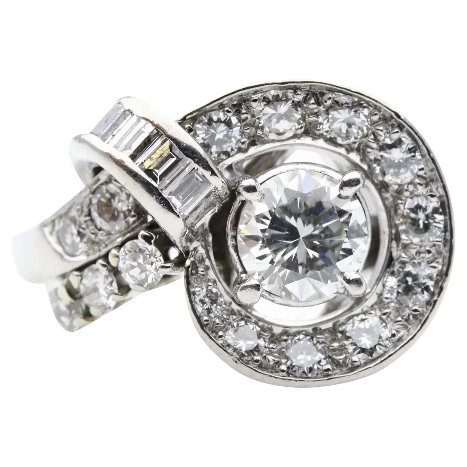 Mid Century Retro 1.37Ctw Round & Baguette Diamond Alternative Engagement Ring For Sale