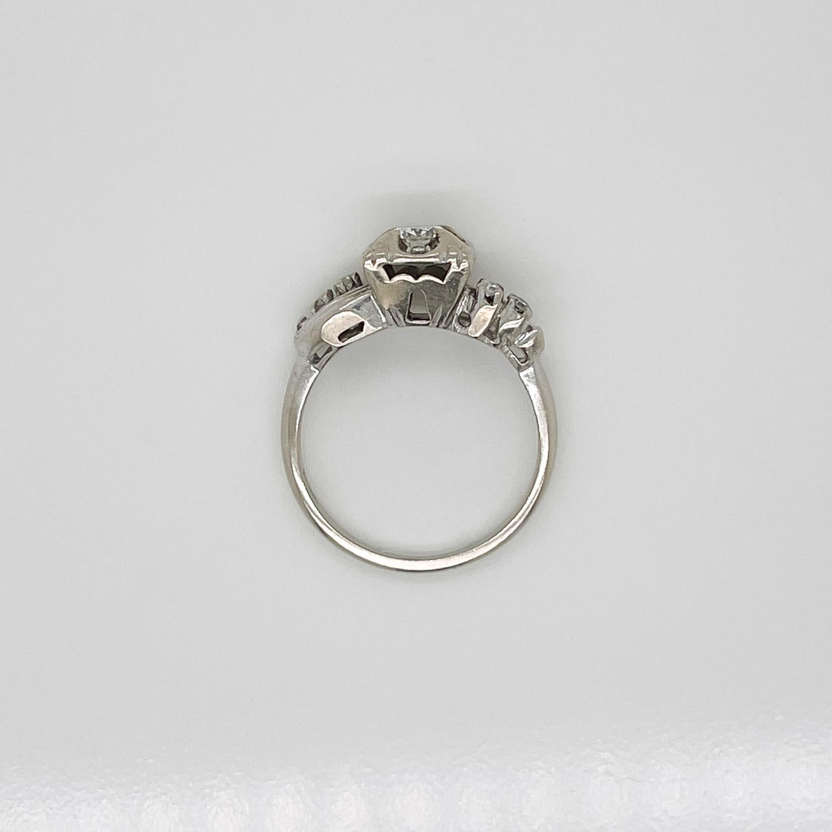 Round Cut Mid-Century Retro 14k White Gold & Diamond Engagement Ring For Sale
