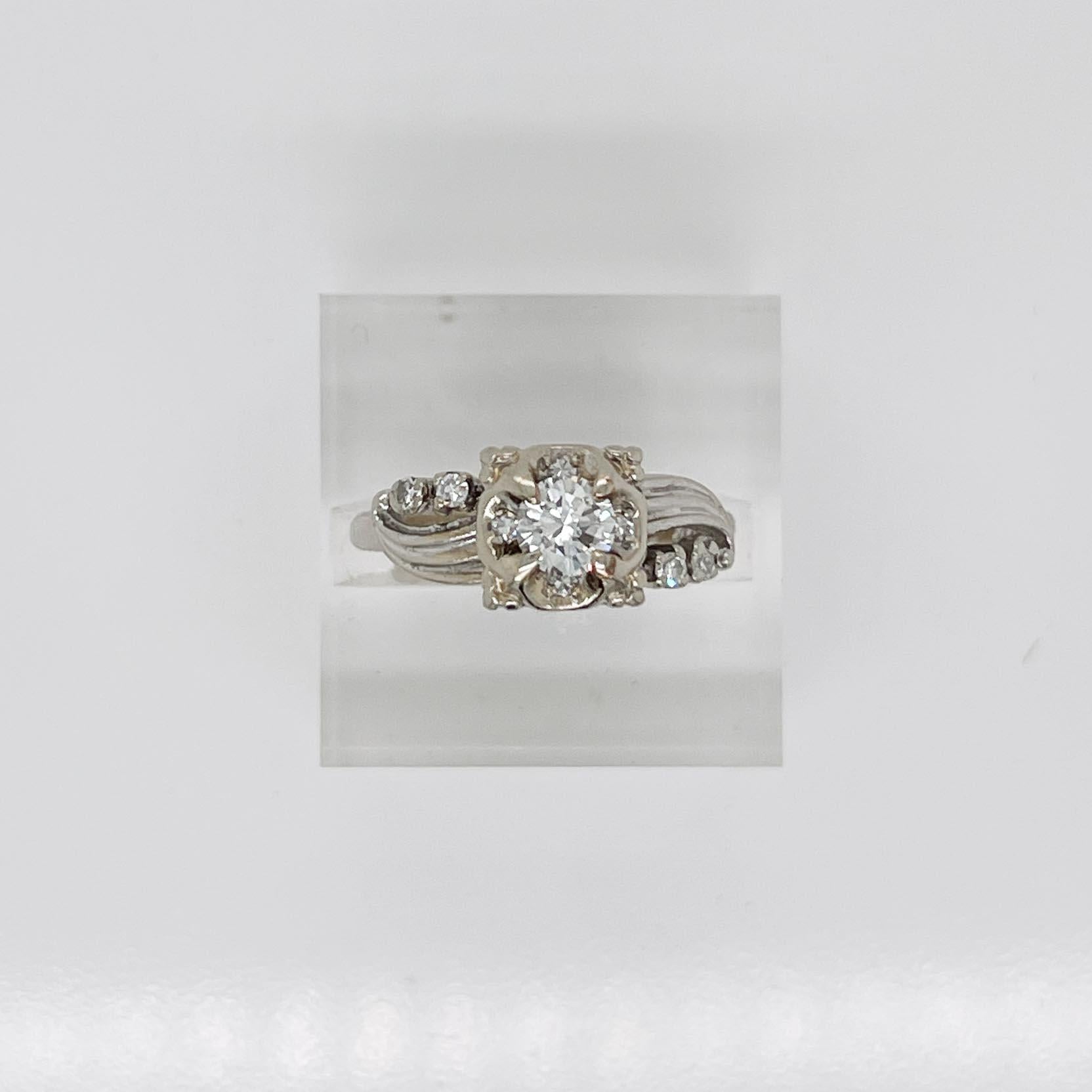Mid-Century Retro 14k White Gold & Diamond Engagement Ring In Good Condition For Sale In Philadelphia, PA